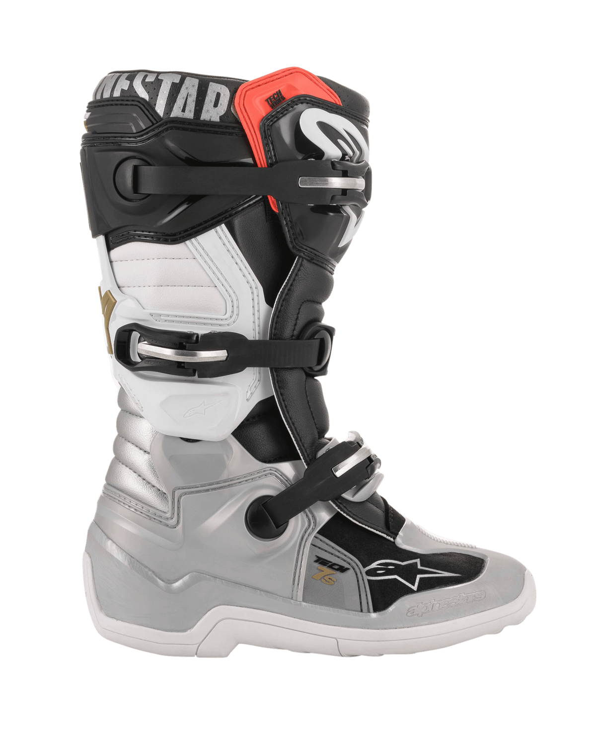 Alpinestars Youth Tech 7S støvler, motocross-støvler, sort, sølv, hvid og guld, sideprofilvisning med sølvfarvet nedre skal, sorte og hvide øvre paneler, rød accent ved den øverste kant og lukkesystem med tre spænder.