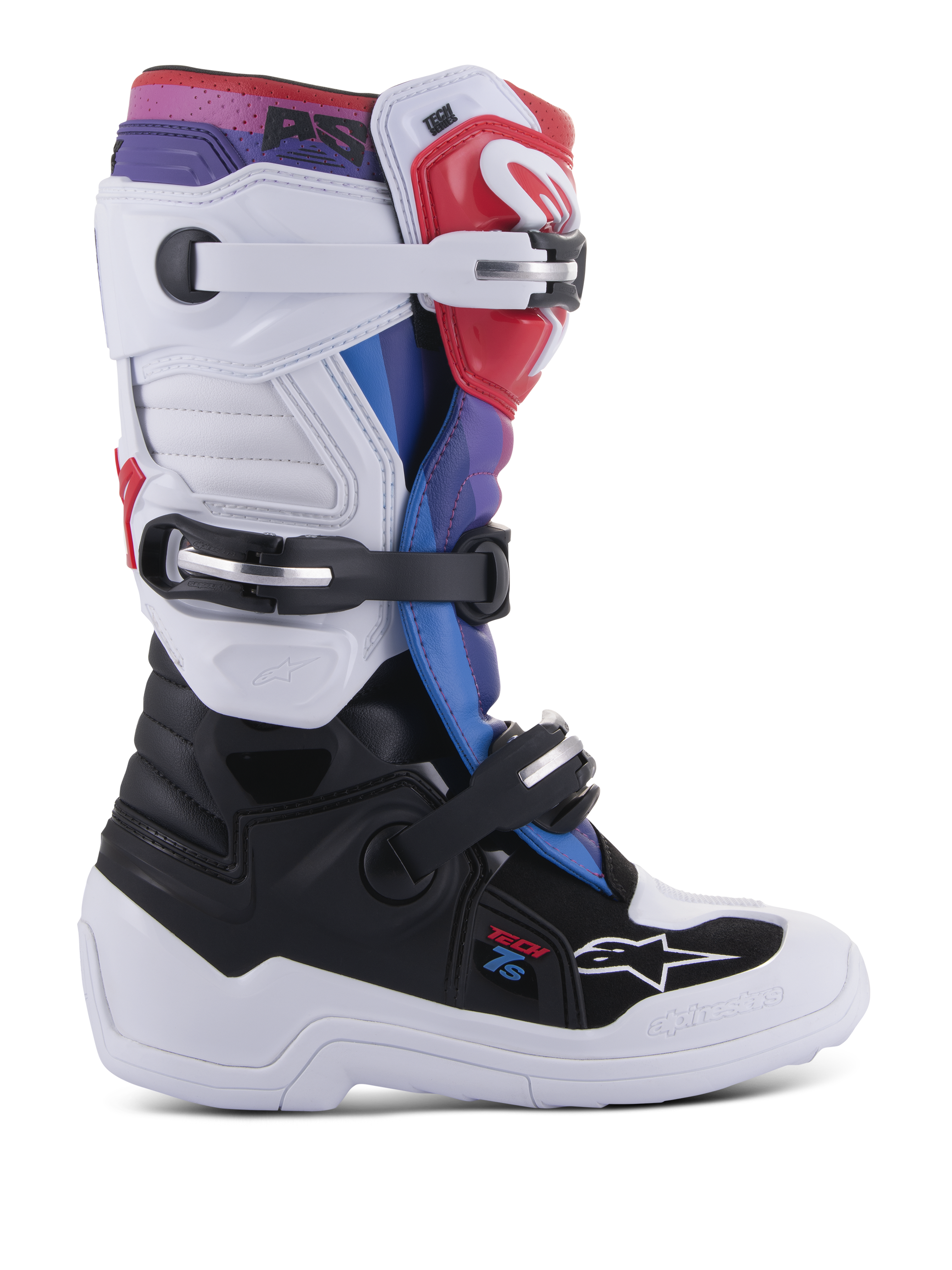 Alpinestars Youth Tech 7S Boots, Motocross Boots for Young Riders, White and Black with Red Blue and Purple accents, featuring a triple buckle closure system, protective TPU panels, and a durable thick white sole
