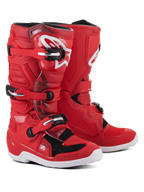 Alpinestars Youth Tech 7S støvler, røde motocross-støvler med hvide og sorte detaljer, lukkesystem med tre spænder, hvidt Alpinestars-logo på skinnebenet, holdbar hvid sål