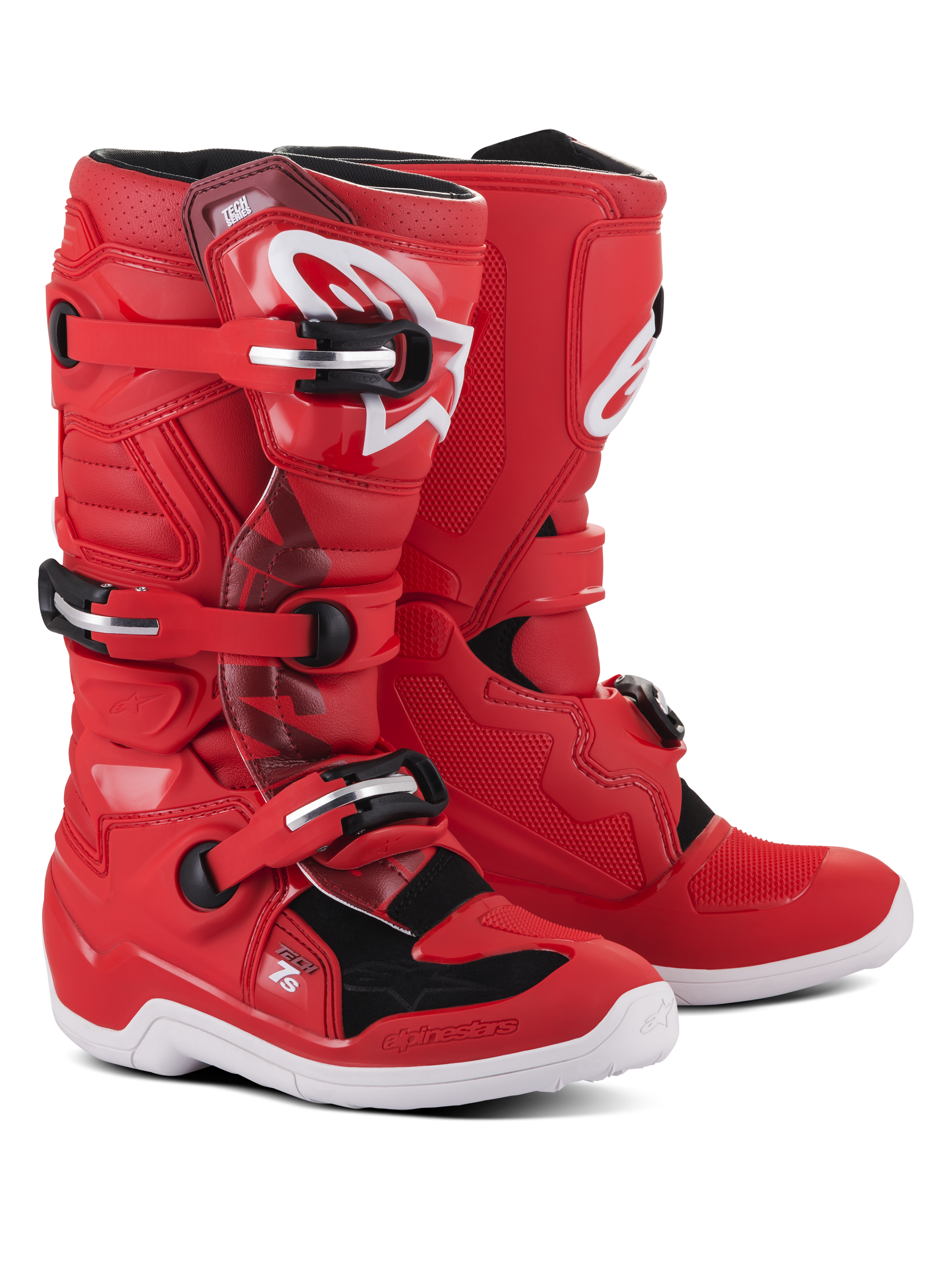 Alpinestars Youth Tech 7S støvler, røde motocross-støvler med hvide og sorte detaljer, lukkesystem med tre spænder, hvidt Alpinestars-logo på skinnebenet, holdbar hvid sål