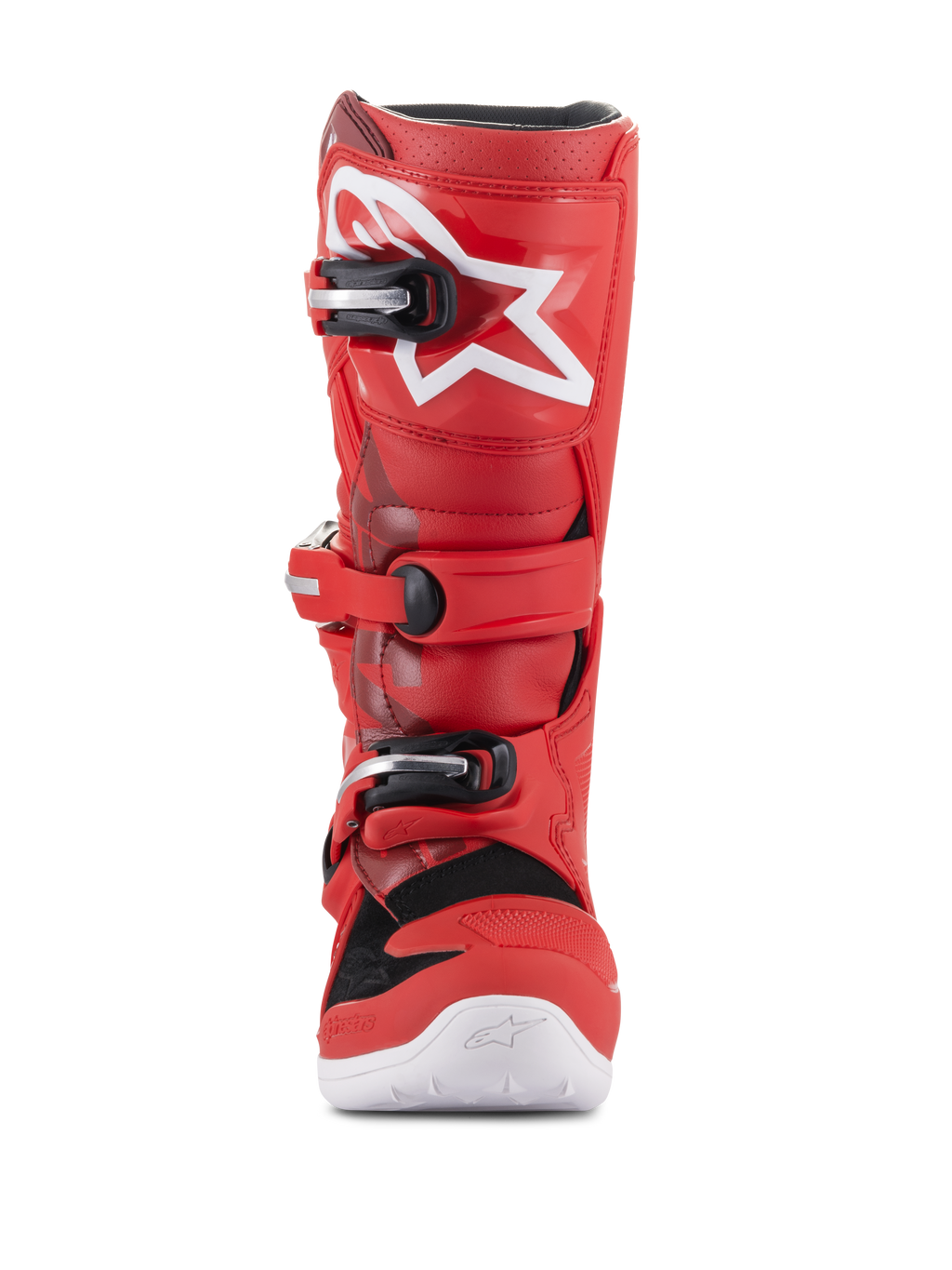 Alpinestars Youth Tech 7S støvler, motocross-støvler til unge, rød, med hvidt stjerne-logo på skinnebenet, sort og sølvfarvet spændesystem, hvid sål, holdbar konstruktion til terrænkørsel, set forfra