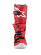 Alpinestars Youth Tech 7S støvler, motocross-støvler til unge, rød, med hvidt stjerne-logo på skinnebenet, sort og sølvfarvet spændesystem, hvid sål, holdbar konstruktion til terrænkørsel, set forfra