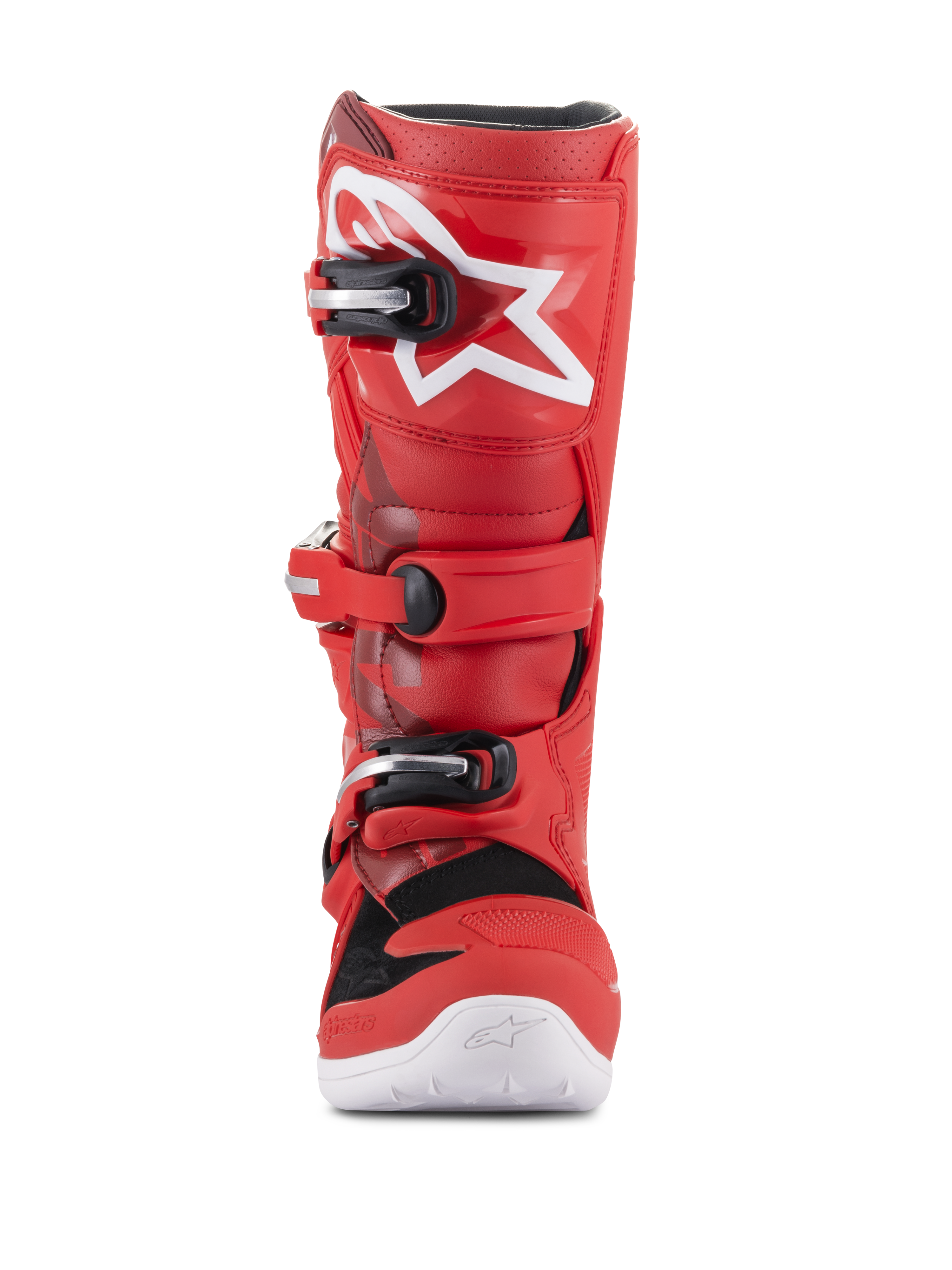 Alpinestars Youth Tech 7S støvler, motocross-støvler til unge, rød, med hvidt stjerne-logo på skinnebenet, sort og sølvfarvet spændesystem, hvid sål, holdbar konstruktion til terrænkørsel, set forfra