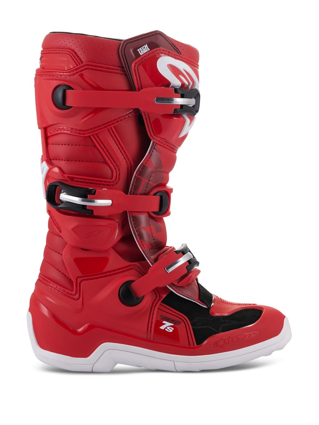 Alpinestars Youth Tech 7S støvler, motocross off-road støvler, rød med sorte og hvide detaljer, lukningssystem med flere spænder, teksturerede beskyttelsespaneler, hvid sål, forstærket struktur til unge ryttere