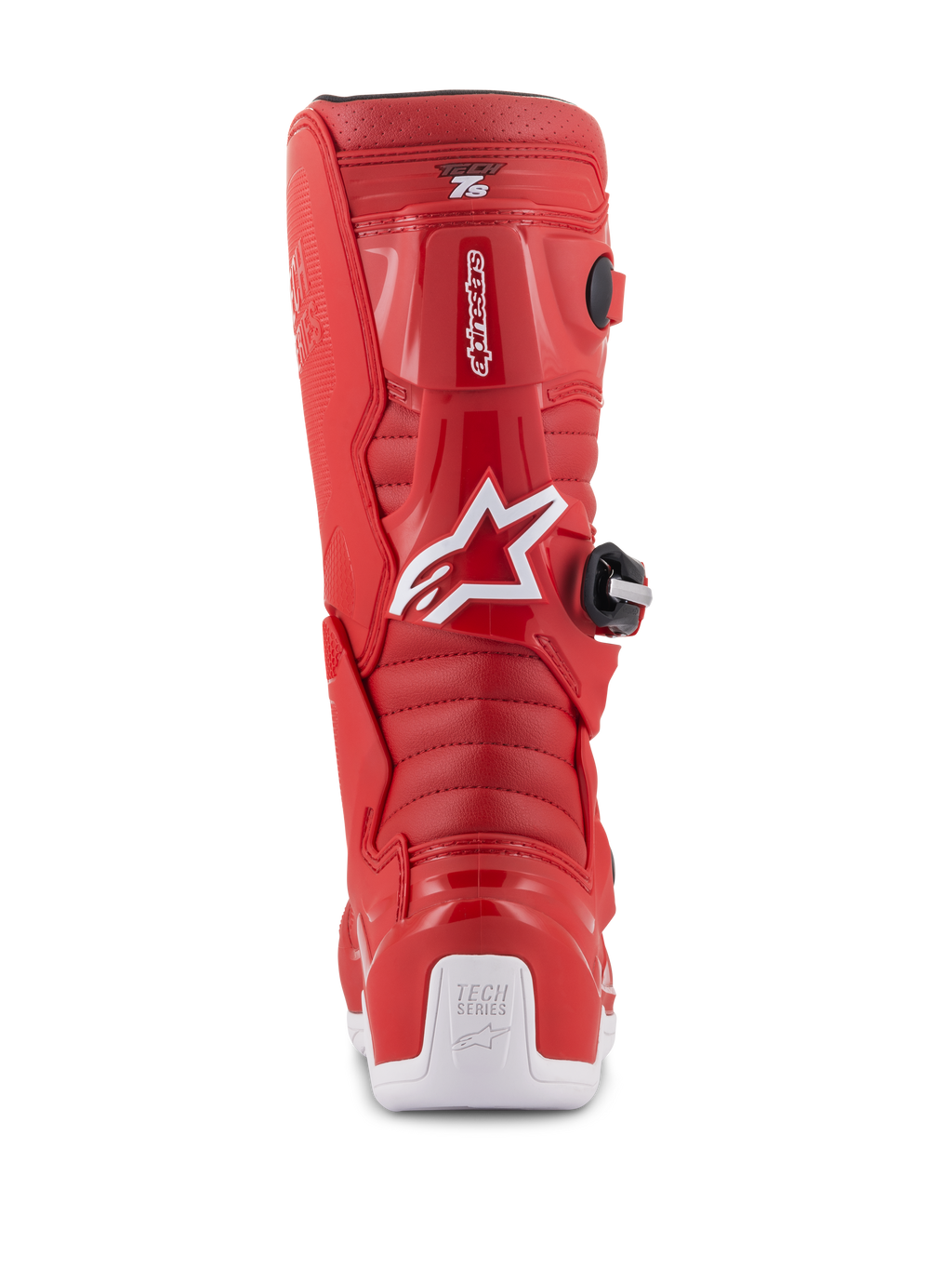 Alpinestars Youth Tech 7S støvler, røde motocrossstøvler, set bagfra med hvidt Alpinestars-logo og hælbeskytter, riflede flex-zoner, beskyttende TPU-konstruktion til terrænkørsel for unge