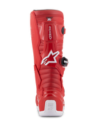 Alpinestars Youth Tech 7S støvler, røde motocrossstøvler, set bagfra med hvidt Alpinestars-logo og hælbeskytter, riflede flex-zoner, beskyttende TPU-konstruktion til terrænkørsel for unge