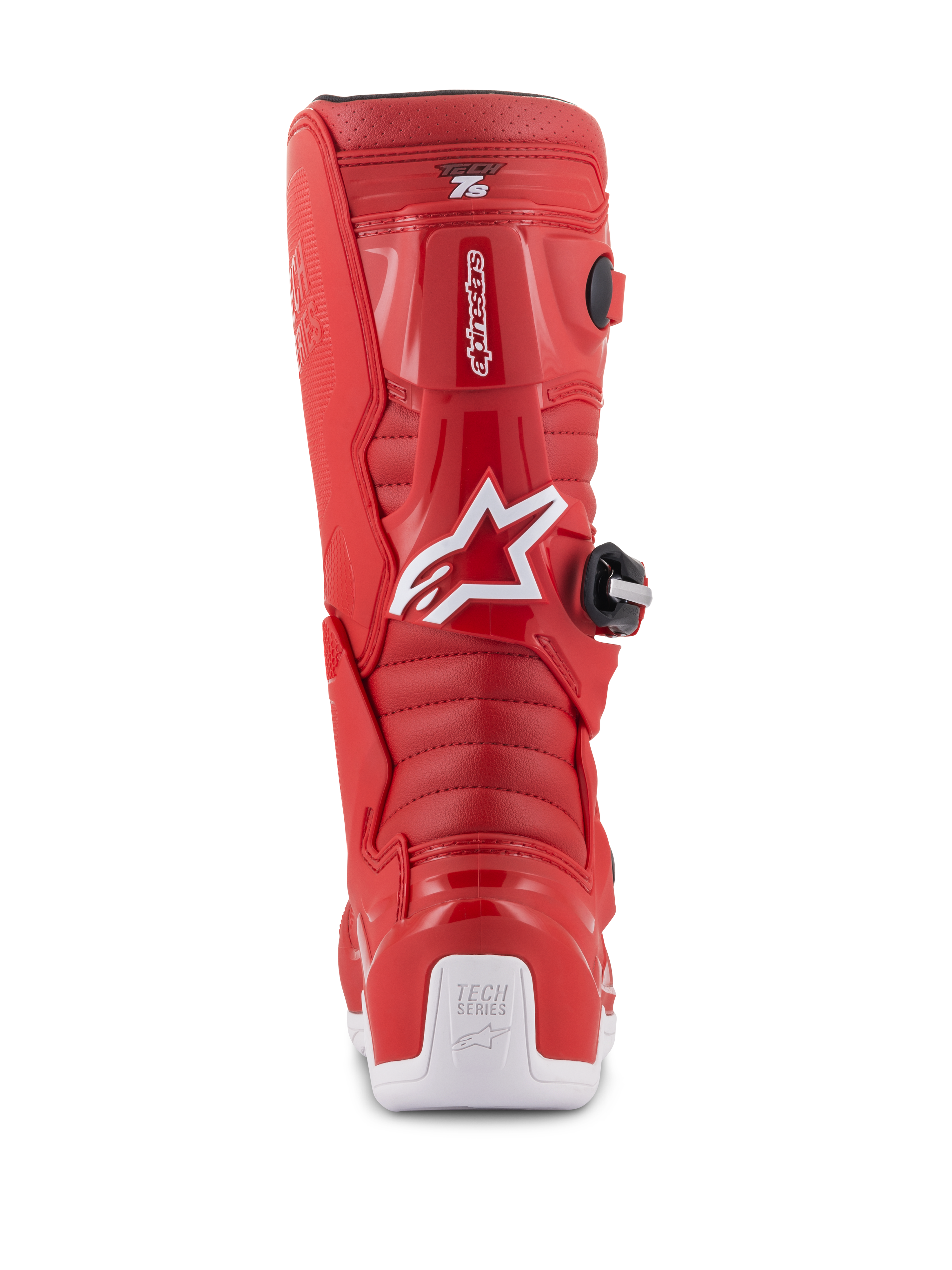 Alpinestars Youth Tech 7S støvler, røde motocrossstøvler, set bagfra med hvidt Alpinestars-logo og hælbeskytter, riflede flex-zoner, beskyttende TPU-konstruktion til terrænkørsel for unge
