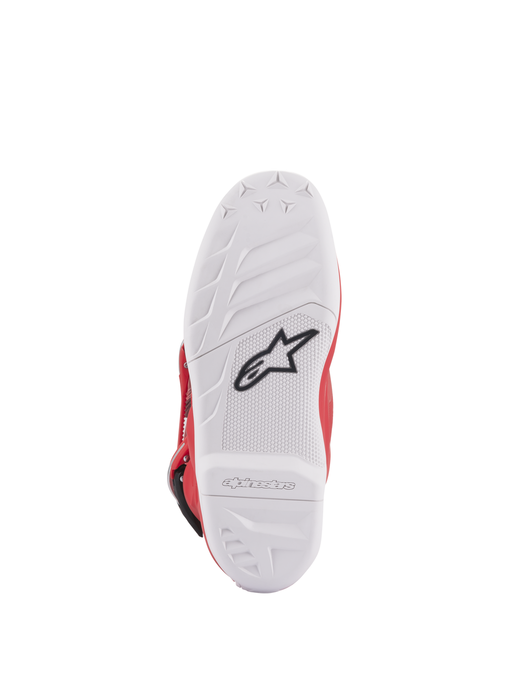 Alpinestars Youth Tech 7S støvler, sålvisning, hvid sammensat sål med sort stjernelogo, high-grip gummimønster for overlegen holdbarhed og føling, præget Alpinestars-branding på hælen