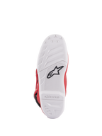 Alpinestars Youth Tech 7S støvler, sålvisning, hvid sammensat sål med sort stjernelogo, high-grip gummimønster for overlegen holdbarhed og føling, præget Alpinestars-branding på hælen