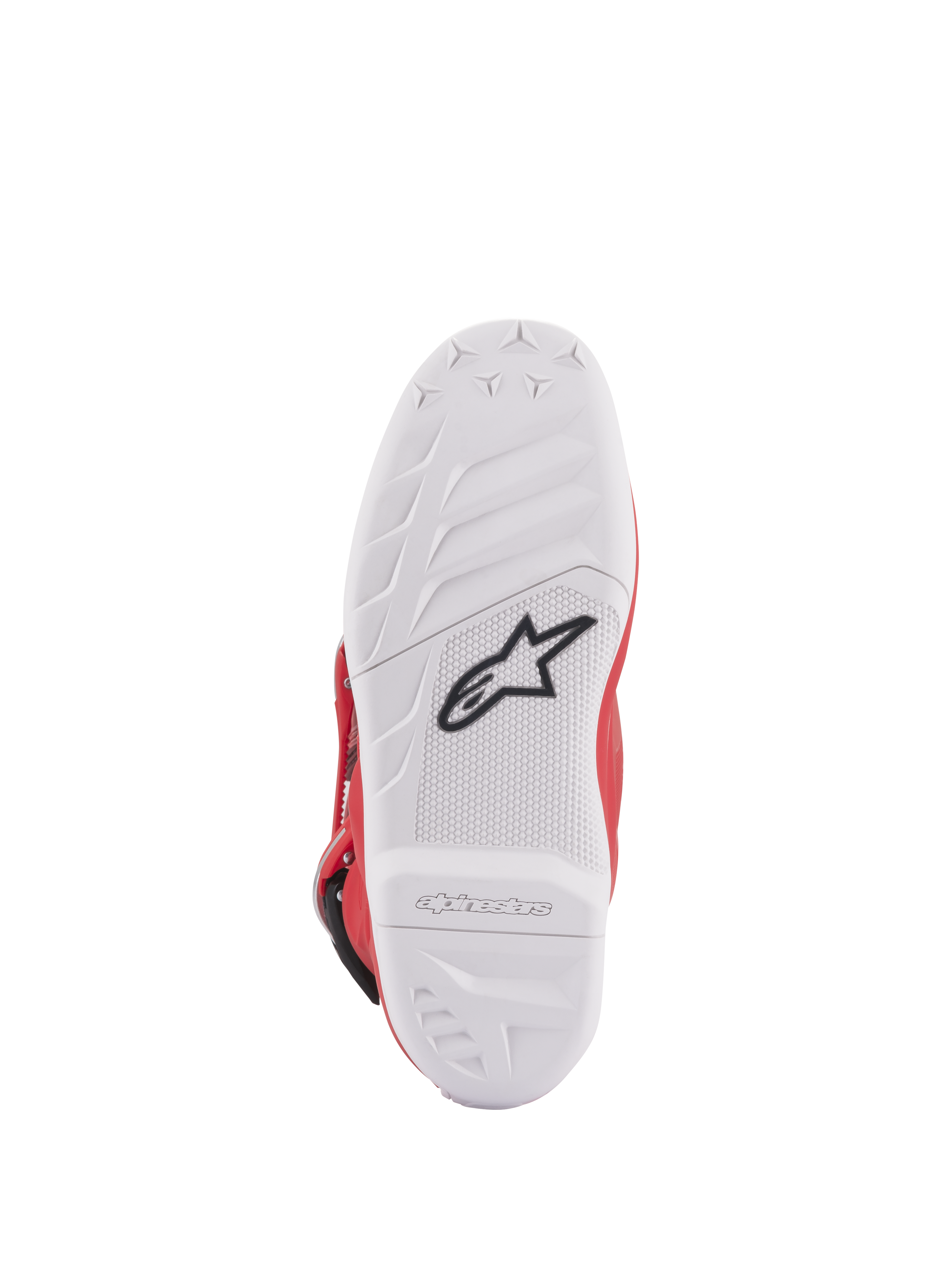 Alpinestars Youth Tech 7S støvler, sålvisning, hvid sammensat sål med sort stjernelogo, high-grip gummimønster for overlegen holdbarhed og føling, præget Alpinestars-branding på hælen