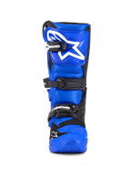 Alpinestars Youth Tech 7 S Boots, Motocross Boots, Blue Black and White, front view featuring triple buckle closure, large white Alpinestars logo on the shin plate, durable blue sole, high-performance protective gear for young riders