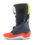 Alpinestars Youth Tech 7S Boots, Motocross Boots, Dark Gray with Red and Fluorescent Yellow accents, side profile view, white sole, 'TECH SERIES' branding, and durable TPU protective panels.