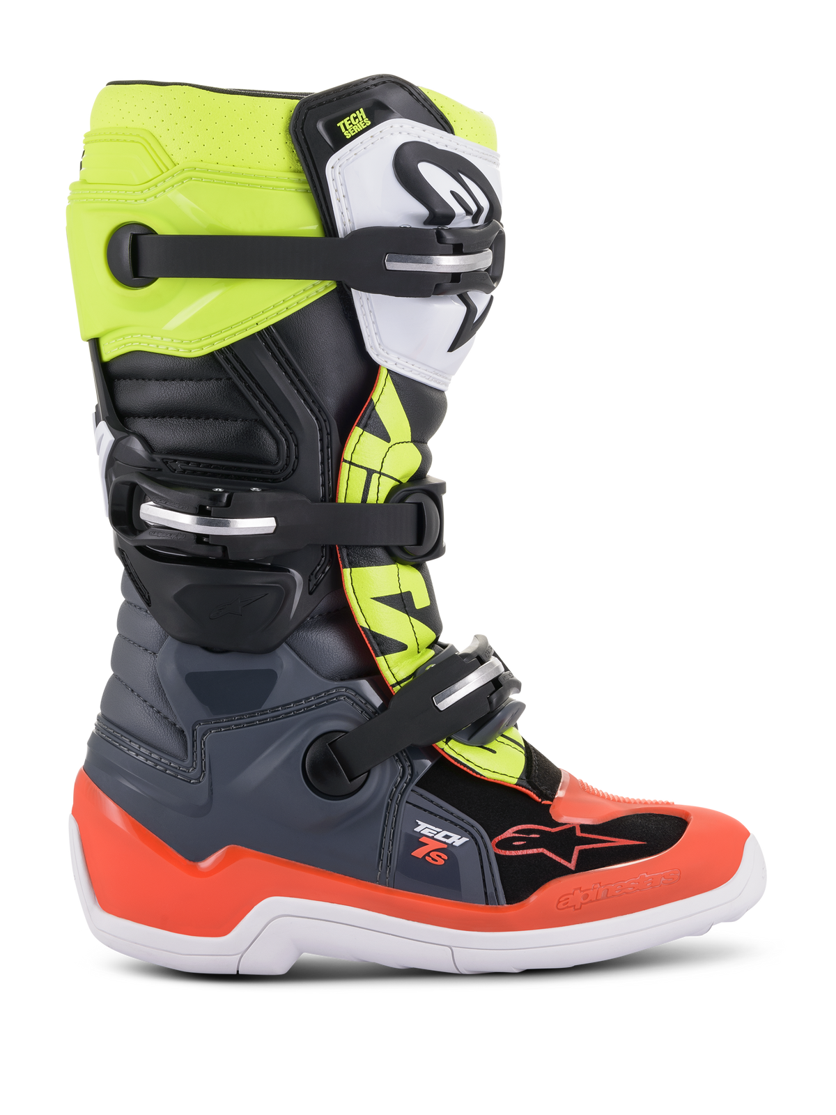 Alpinestars Youth Tech 7S støvler, motocross- og off-road støvler, mørkegrå, fluorescerende rød og fluorescerende gul, med hvid sål og flere spændelukninger, robust konstruktion til juniorryttere