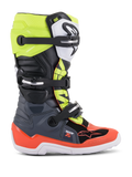 Alpinestars Youth Tech 7S Boots, Motocross Off-Road Boots, Dark Gray, Fluorescent Red and Fluorescent Yellow, featuring white sole and multiple buckle closures, rugged construction for junior riders