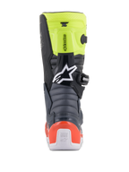 Alpinestars Youth Tech 7S Boots, Youth Motocross Boots, Dark Gray, Red Fluorescent, and Yellow Fluorescent, rear view showing accordion flex zones, red heel protector, and white Alpinestars logo