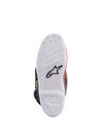Alpinestars Youth Tech 7S Boots, Motocross Boots, Dark Gray Red Fluorescent and Yellow Fluorescent, bottom sole view showing white high-grip rubber sole with black Astars logo, durable construction for off-road riding