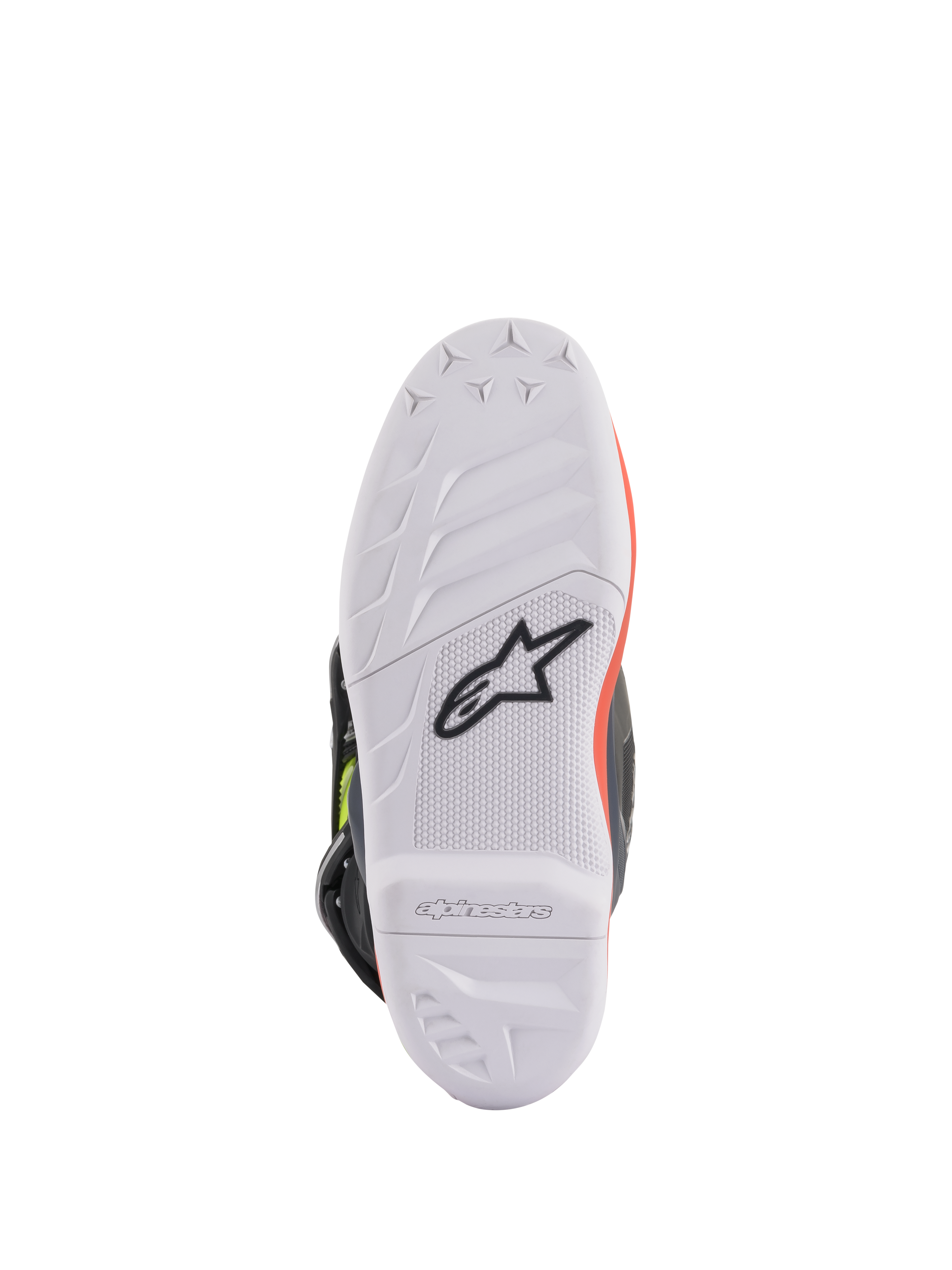 Alpinestars Youth Tech 7S Boots, Motocross Boots, Dark Gray Red Fluorescent and Yellow Fluorescent, bottom sole view showing white high-grip rubber sole with black Astars logo, durable construction for off-road riding