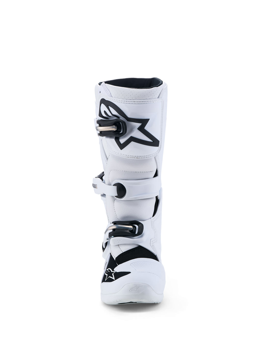 Alpinestars Tech 7S Støvler Ungdom, hvide og sorte motocrossstøvler til terrænkørsel, med TPU-skinneplade og sikkert spændelukningssystem, CE-godkendt.
