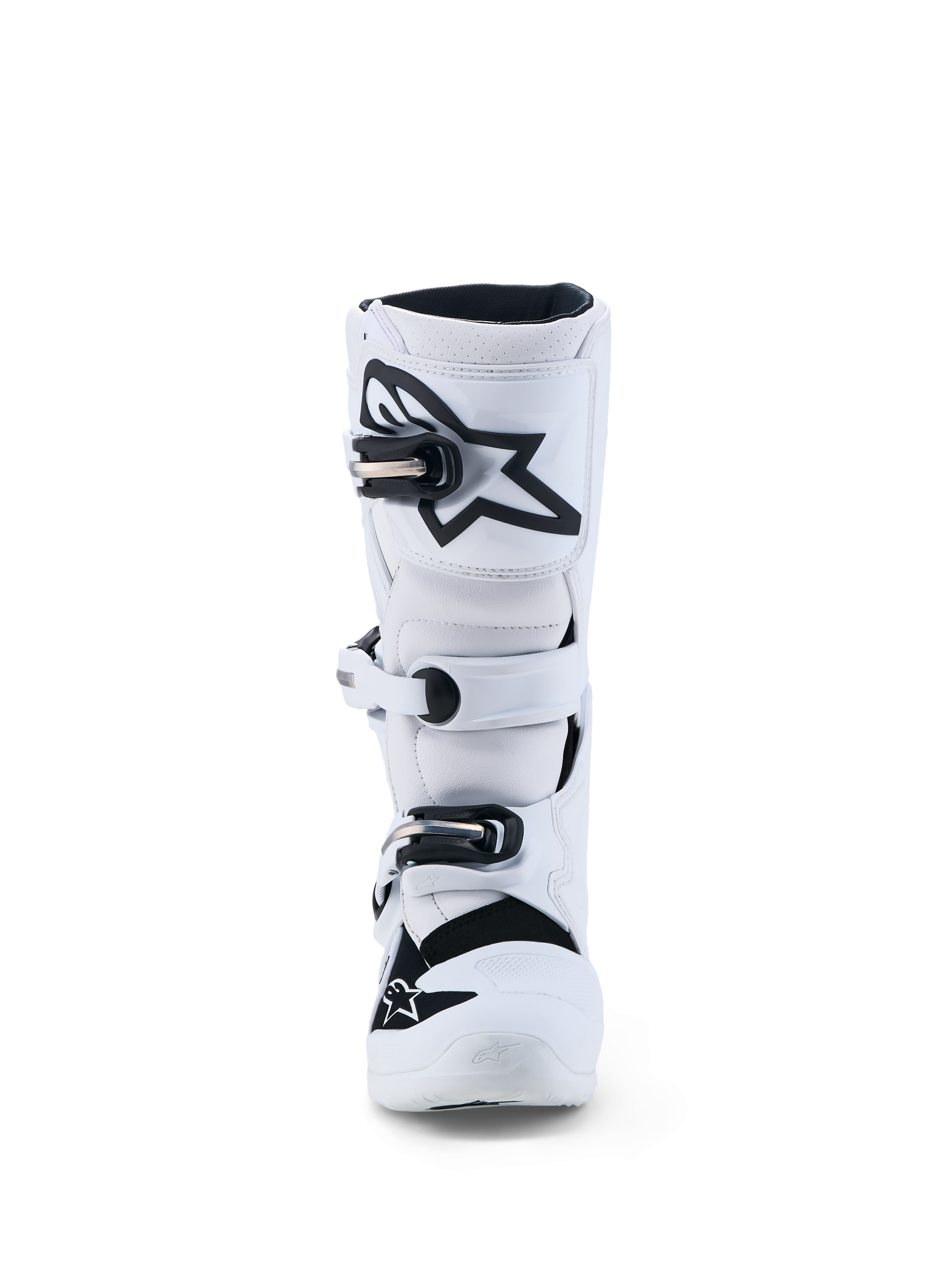 Alpinestars Tech 7S Støvler Ungdom, hvide og sorte motocrossstøvler til terrænkørsel, med TPU-skinneplade og sikkert spændelukningssystem, CE-godkendt.