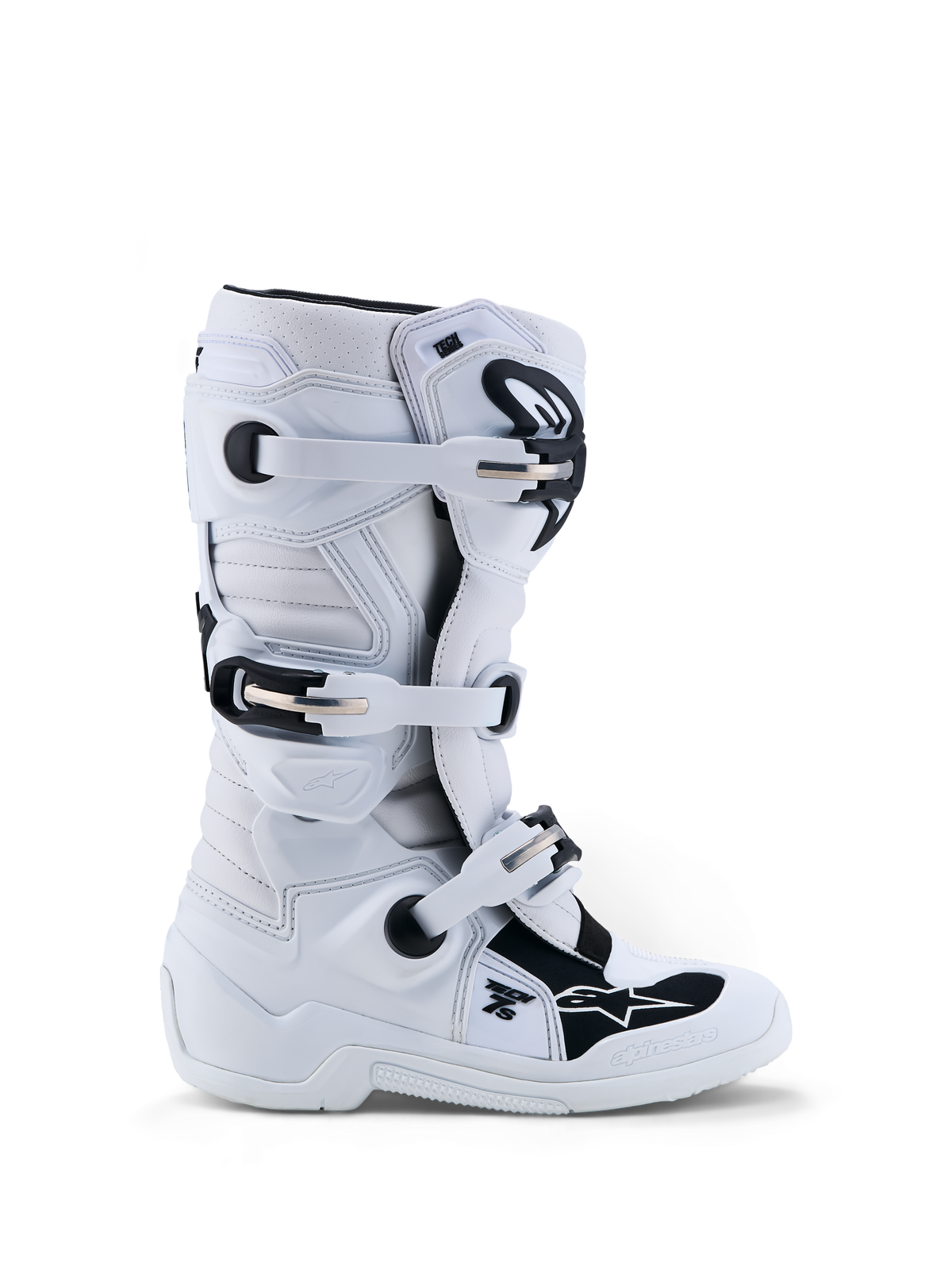 Alpinestars Tech 7S Støvler Ungdom, hvide og sorte motocross-støvler med TPU-beskyttelse og pivotsystem til unge ryttere