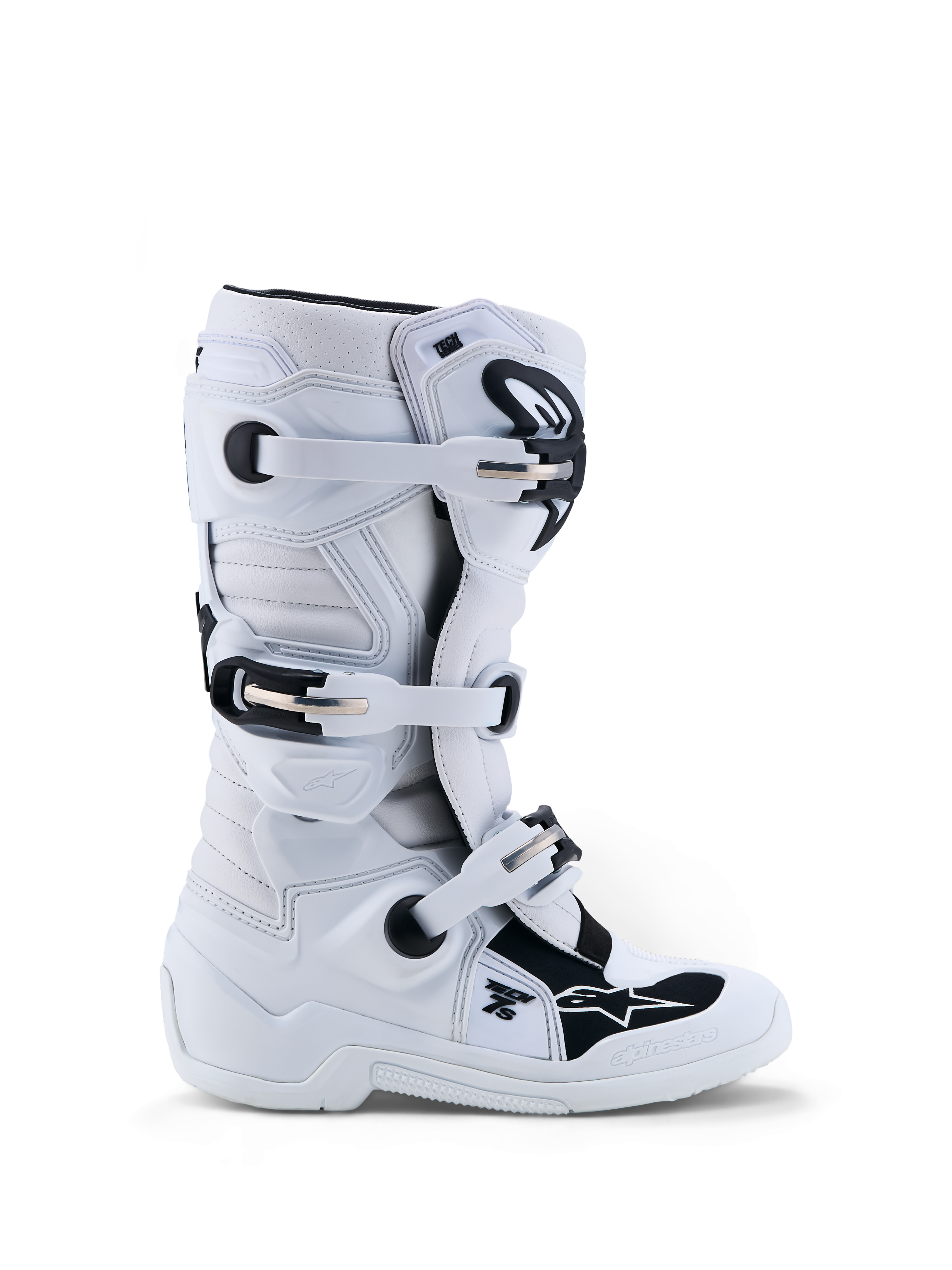 Alpinestars Tech 7S Støvler Ungdom, hvide og sorte motocross-støvler med TPU-beskyttelse og pivotsystem til unge ryttere