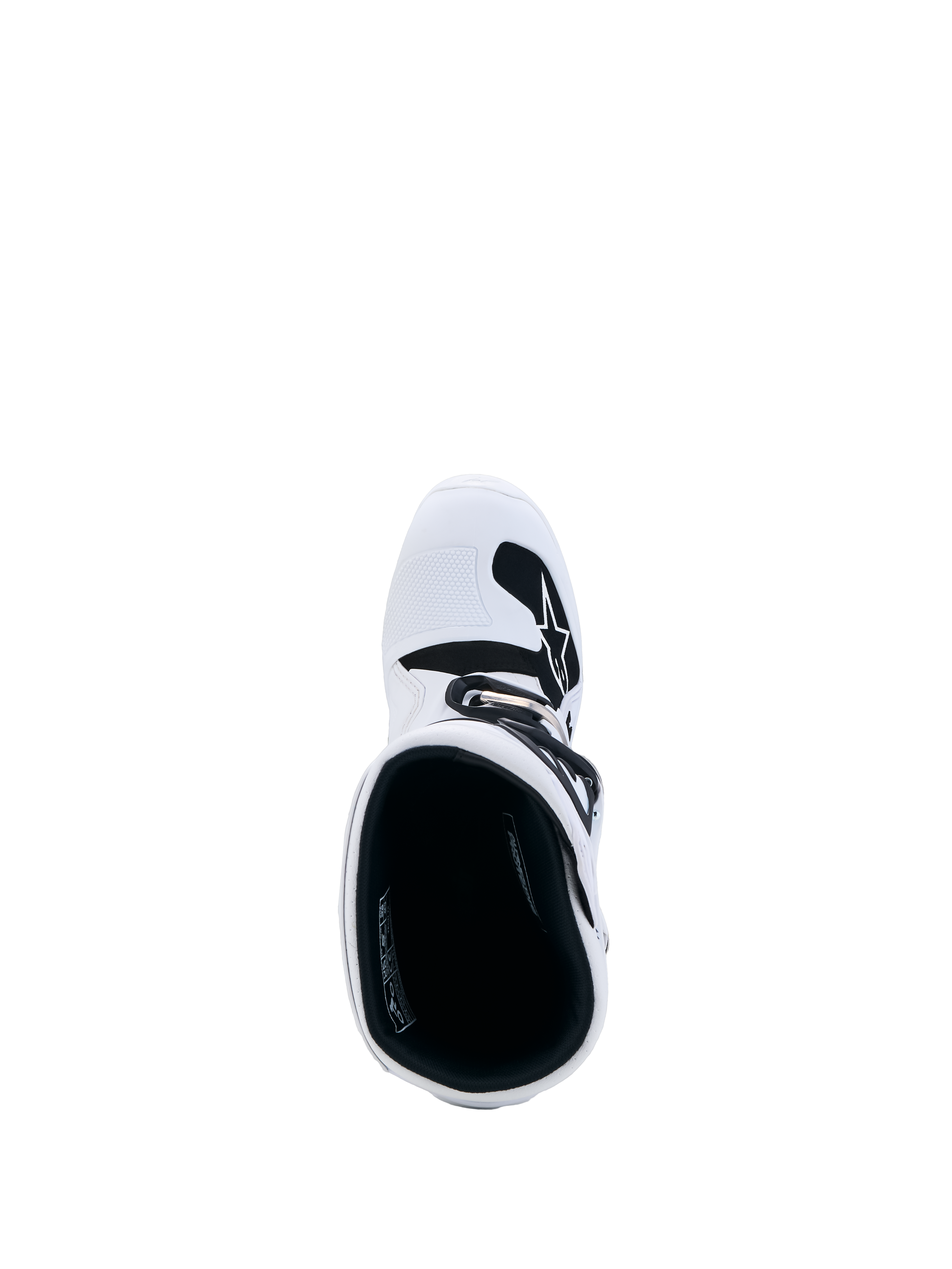 Alpinestars Tech 7S støvler ungdom, hvide motocrossstøvler set oppefra med sort polstring og hvid TPU-skinnebensplade.