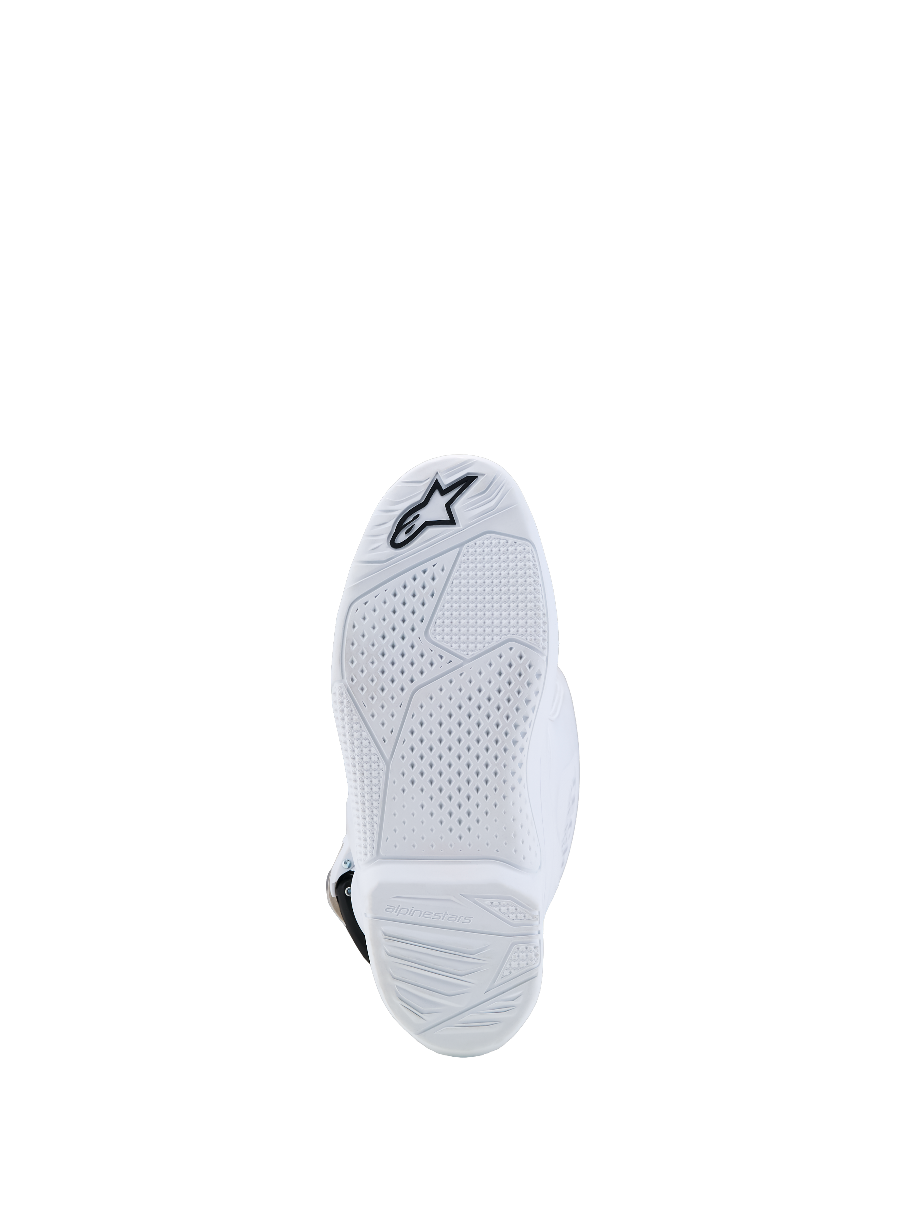 Alpinestars Tech 7S støvler ungdom, hvid motocrossstøvle set nedefra, sammensat sål med tekstureret greb og sort stjernelogo