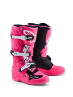 Alpinestars Tech 7S motocrossstøvler til unge, pink fluo og sort med hvide detaljer, CE-certificeret med TPU-beskyttelse.