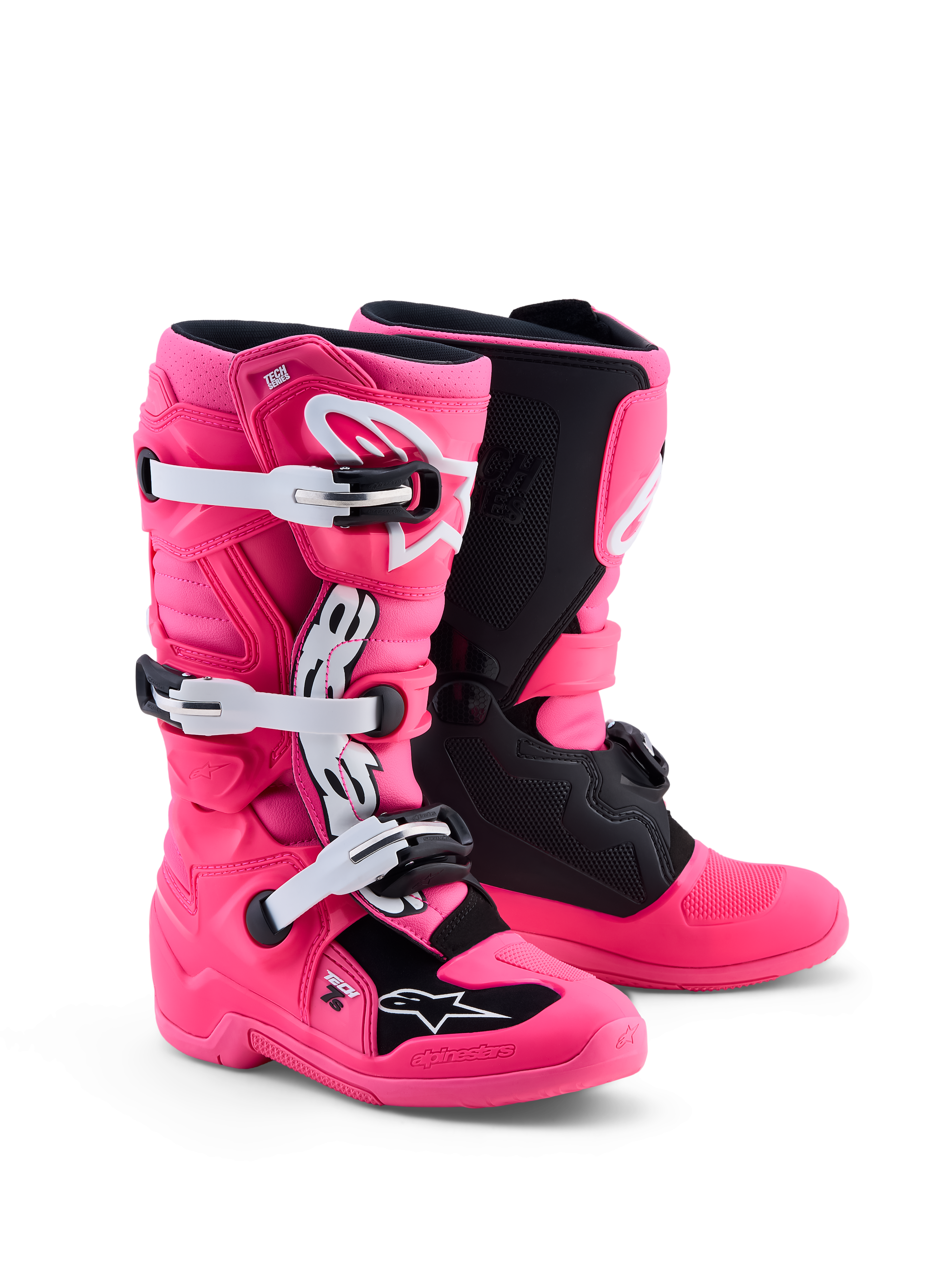 Alpinestars Tech 7S motocrossstøvler til unge, pink fluo og sort med hvide detaljer, CE-certificeret med TPU-beskyttelse.