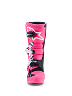 Alpinestars Tech 7S motocrossstøvler til ungdom, pink fluo og sort, TPU-skinnebensbeskyttelse og hurtigudløsende spænder.