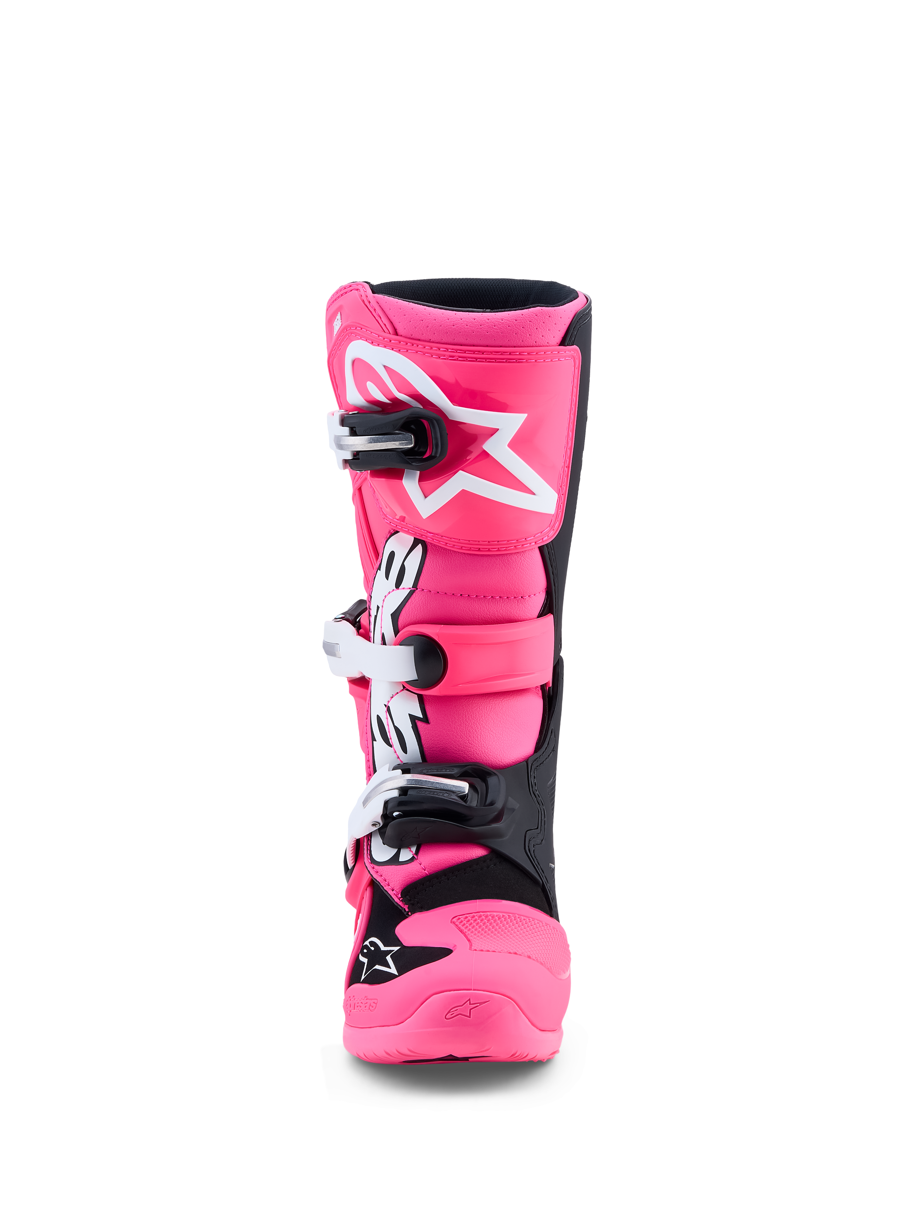 Alpinestars Tech 7S motocrossstøvler til ungdom, pink fluo og sort, TPU-skinnebensbeskyttelse og hurtigudløsende spænder.