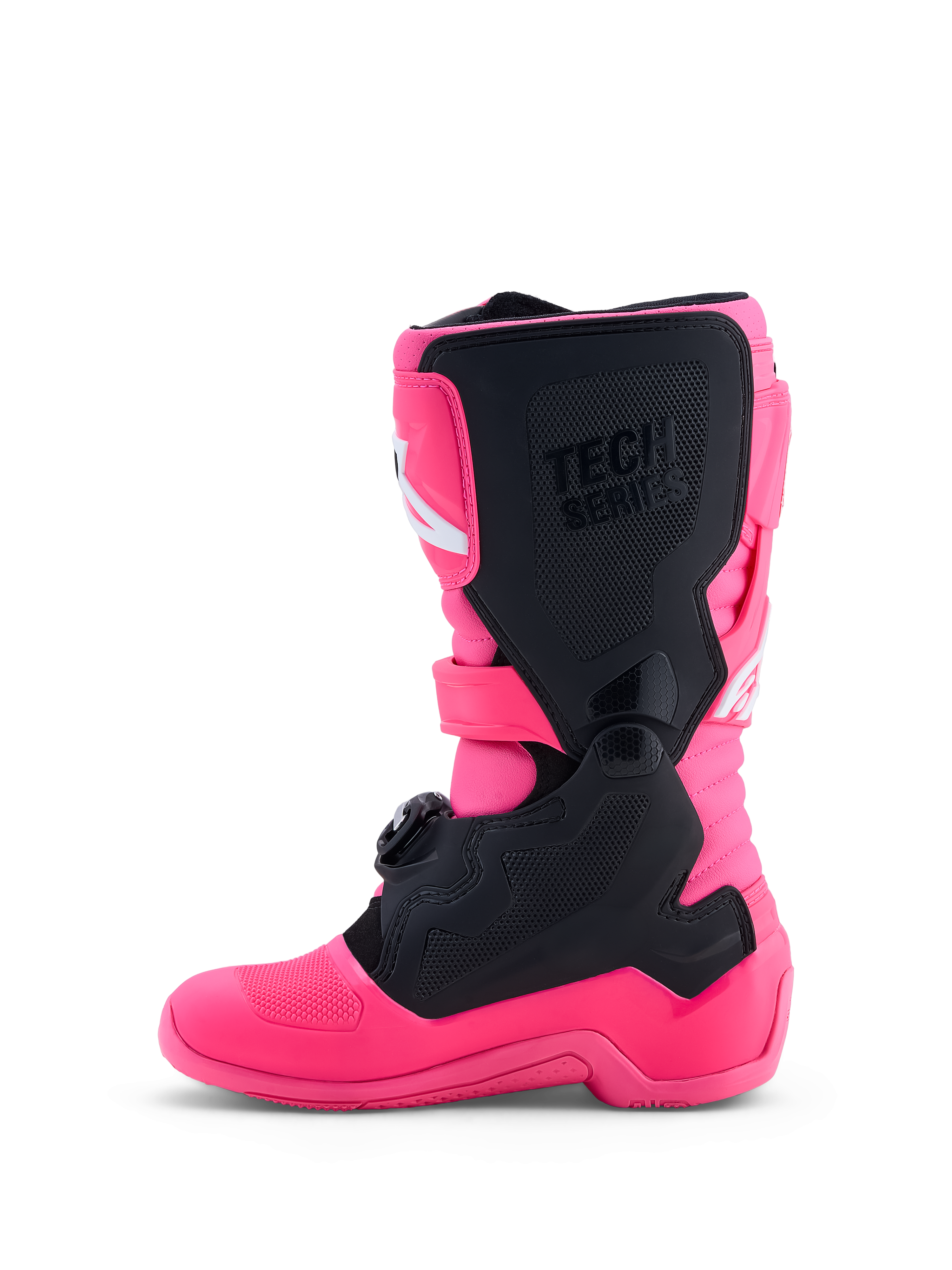 Alpinestars Tech 7S motocross-støvler til ungdom, pink fluo og sort, med TPU-beskyttelse og pivotsystem til off-road kørsel