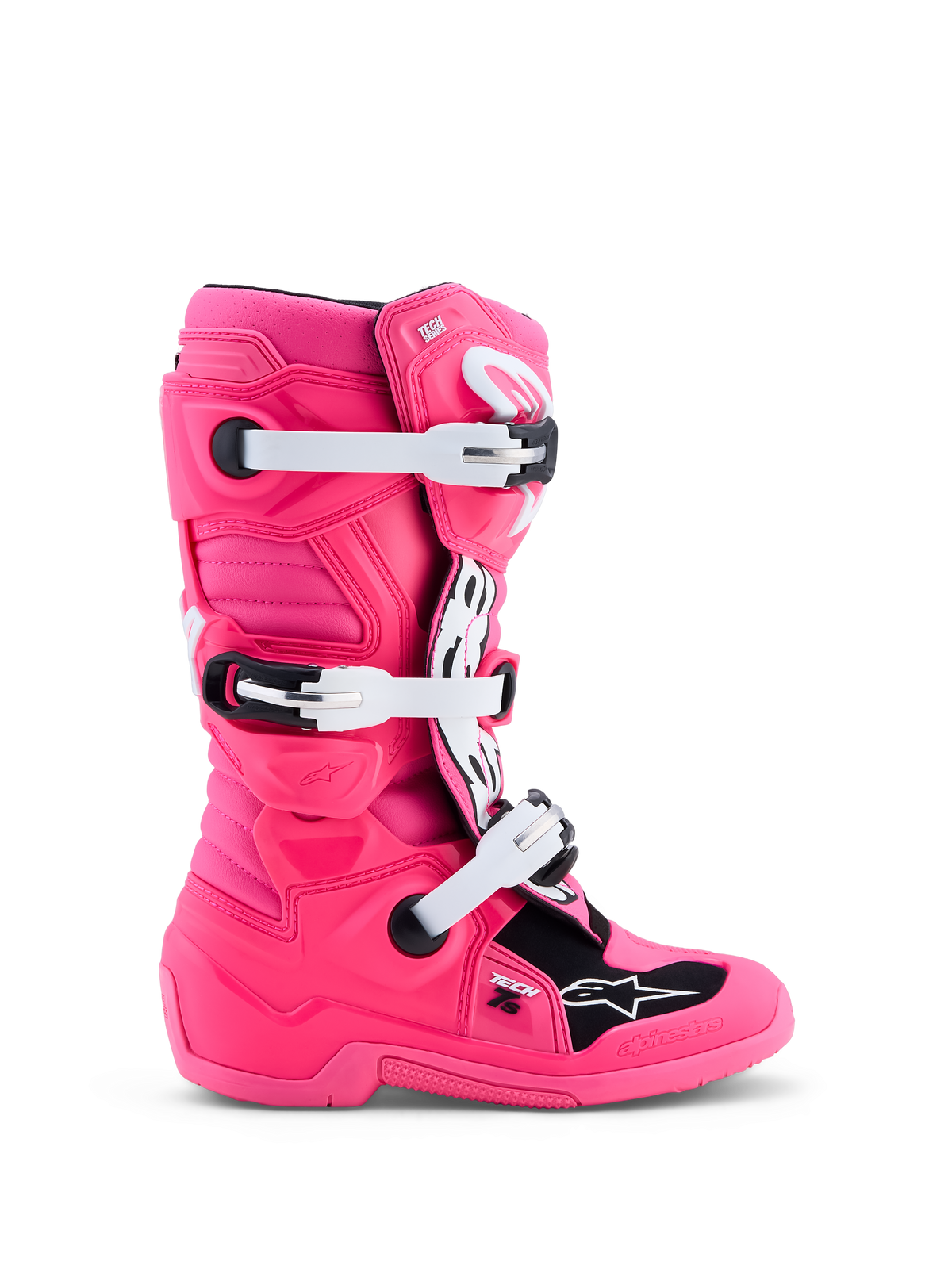 Alpinestars Tech 7S motocross-støvler til ungdom, pink fluo og sort, hvide spænder og slidstærk TPU-beskyttelse.