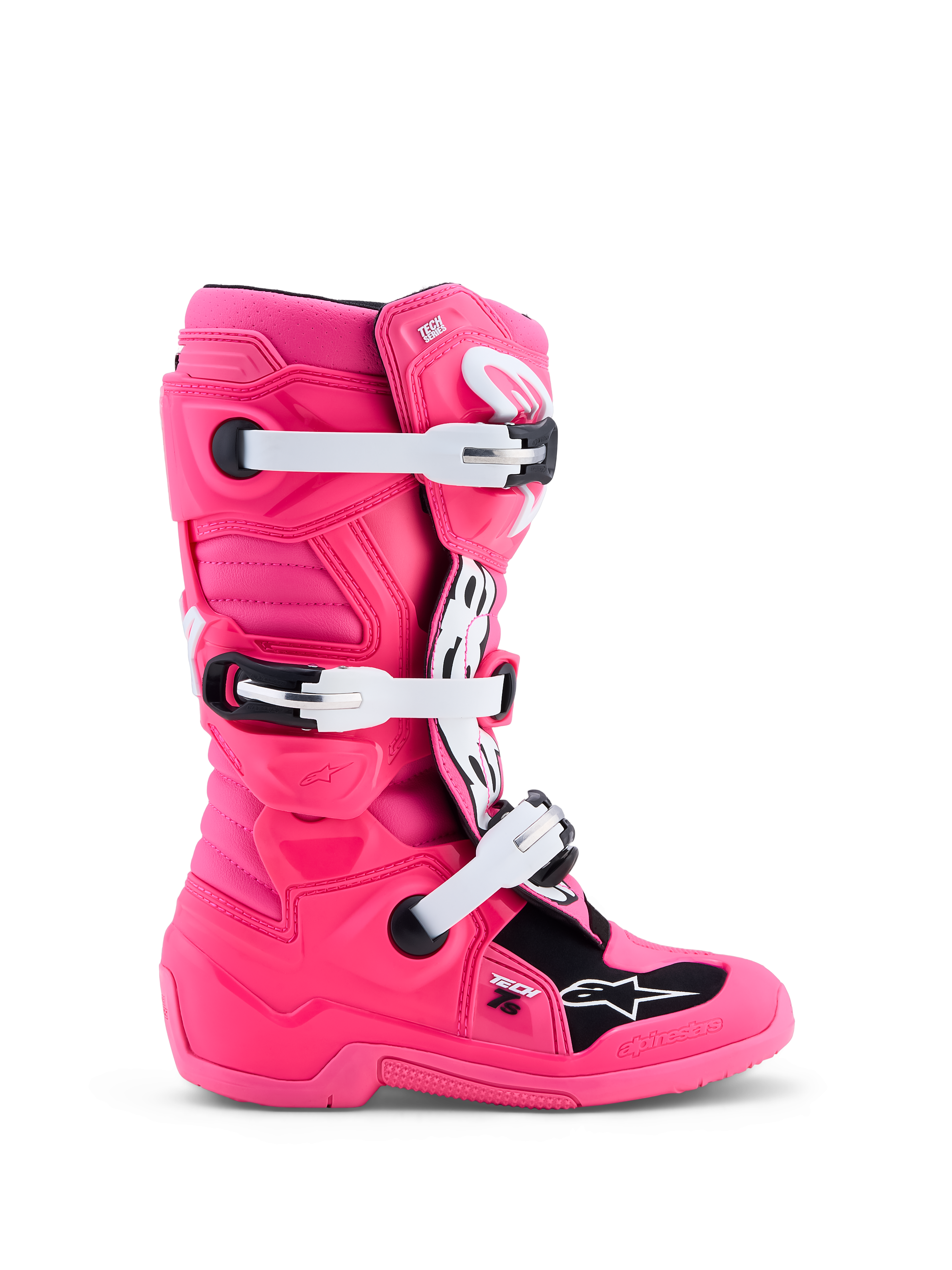 Alpinestars Tech 7S motocross-støvler til ungdom, pink fluo og sort, hvide spænder og slidstærk TPU-beskyttelse.