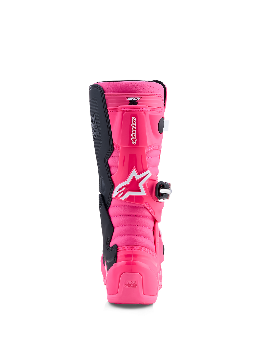 Alpinestars Tech 7S motocrossstøvler til ungdom, fluorescerende pink og sort, set bagfra med TPU og pivotsystem.
