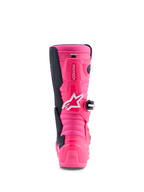Alpinestars Tech 7S motocrossstøvler til ungdom, fluorescerende pink og sort, set bagfra med TPU og pivotsystem.
