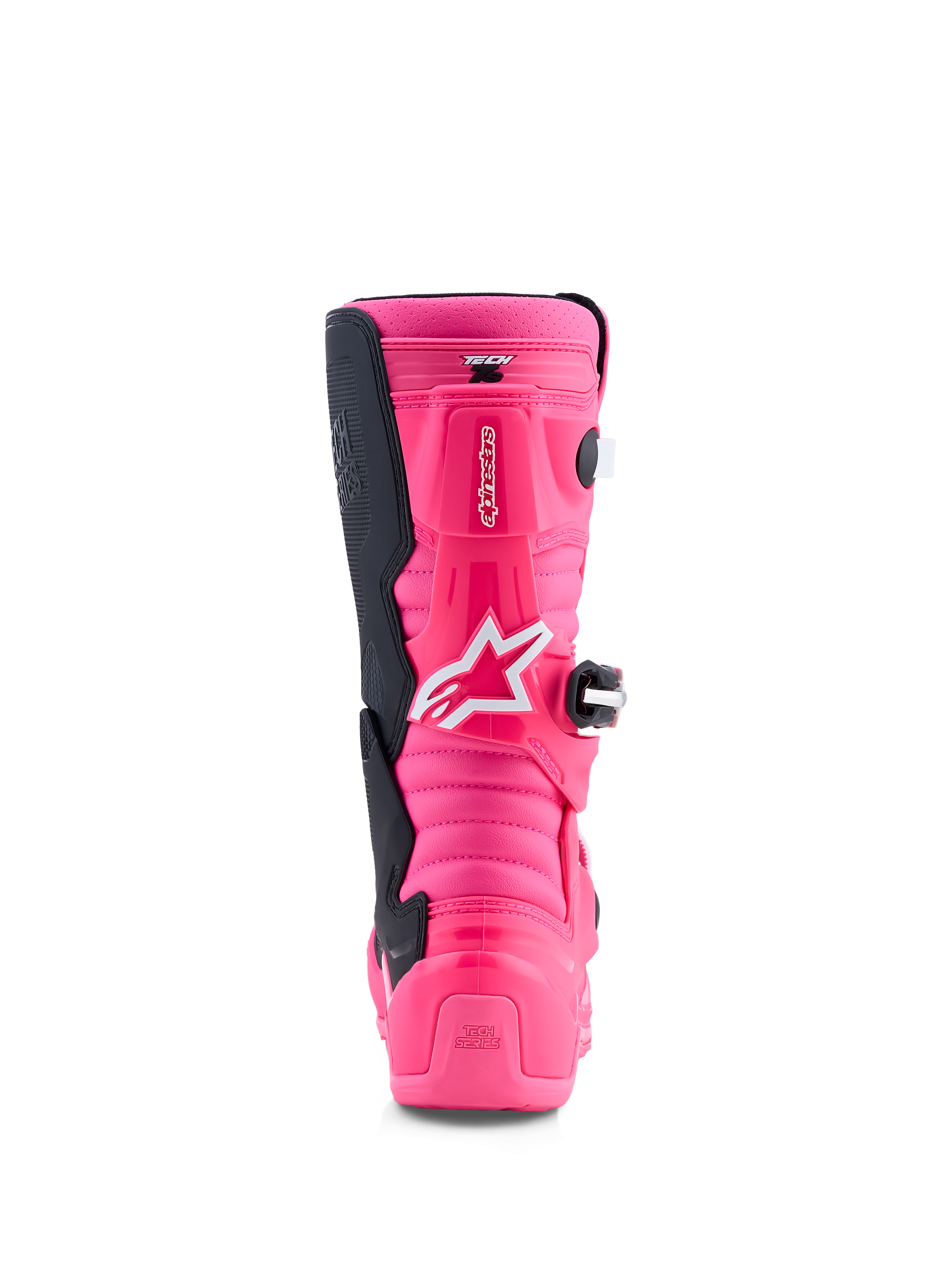 Alpinestars Tech 7S motocrossstøvler til ungdom, fluorescerende pink og sort, set bagfra med TPU og pivotsystem.
