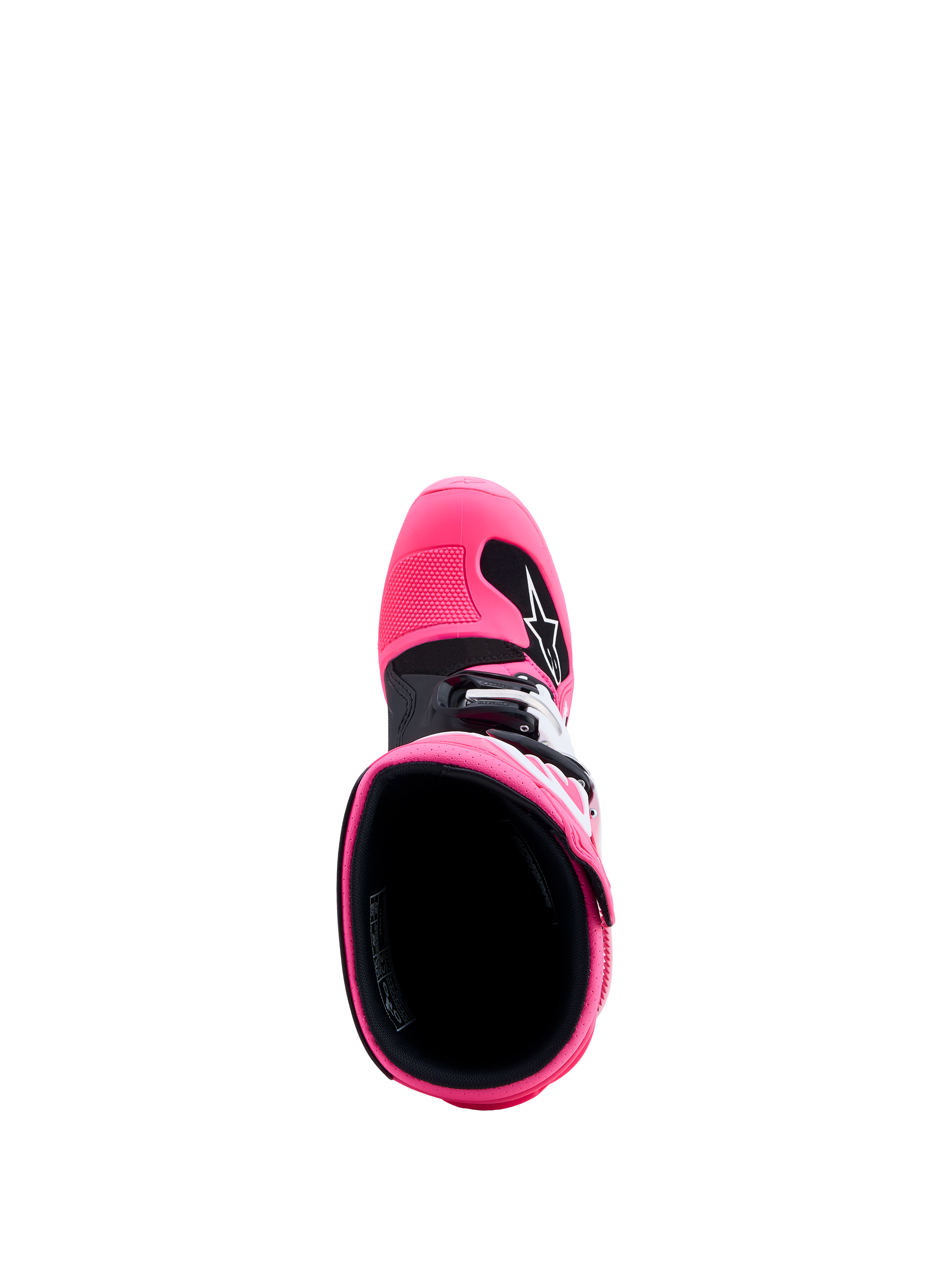 Alpinestars Tech 7S støvler ungdom, motocrossstøvler i pink og sort, set oppefra med detalje af TPU-beskyttelse.