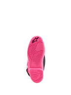 Alpinestars Tech 7S motocrossstøvler til unge, pink fluo sål med tekstureret greb og sort Astars-logo.