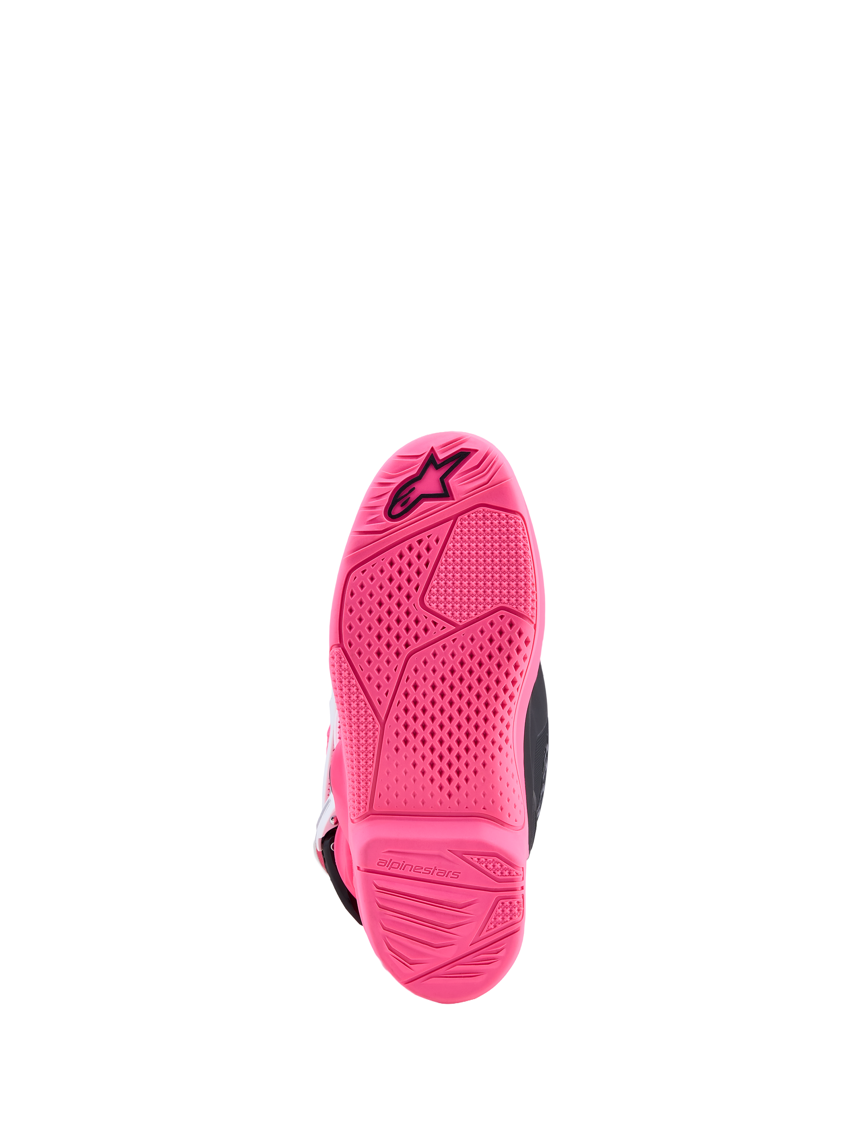 Alpinestars Tech 7S motocrossstøvler til unge, pink fluo sål med tekstureret greb og sort Astars-logo.