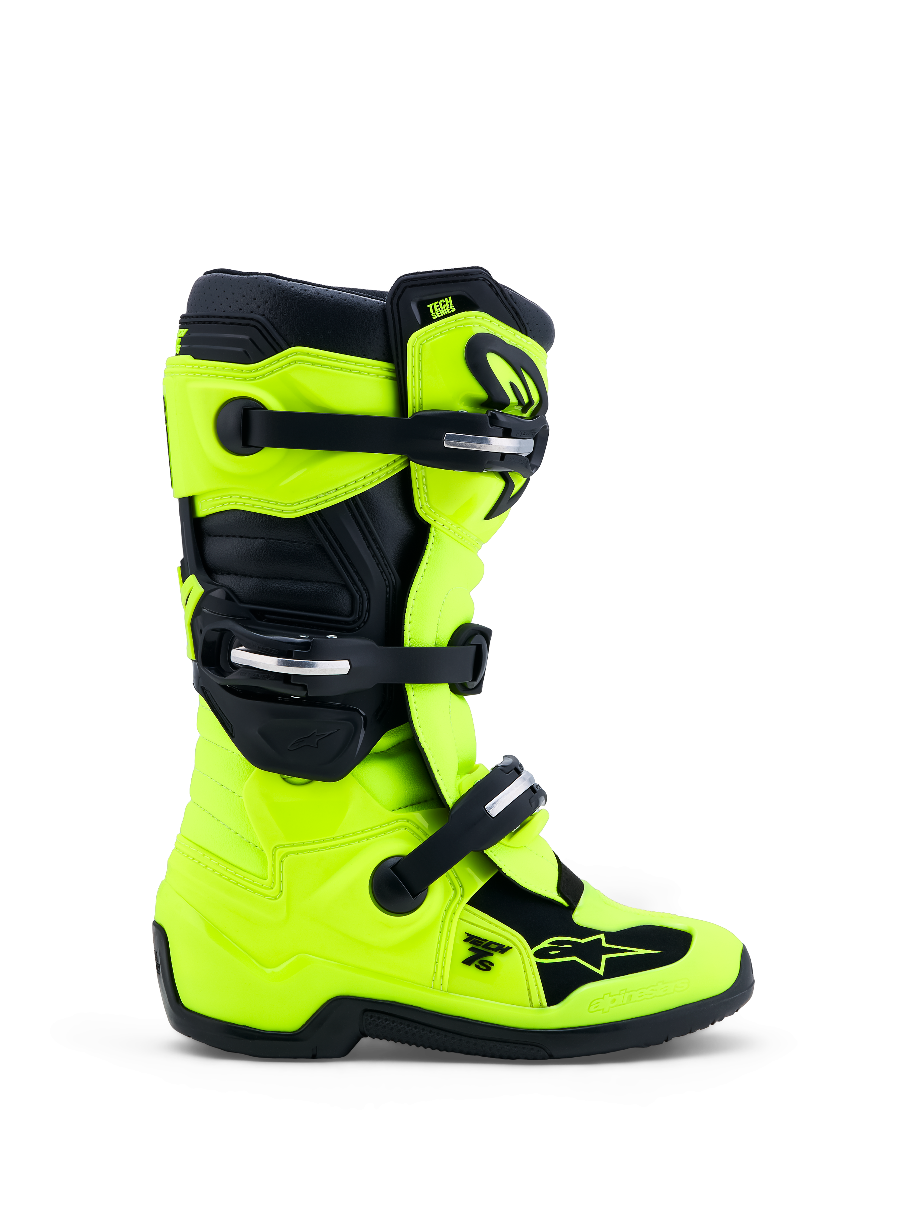 Alpinestars Youth Tech 7S Motocross Boots in Fluo Yellow and Black, featuring CE-certified TPU protection and buckle closures.