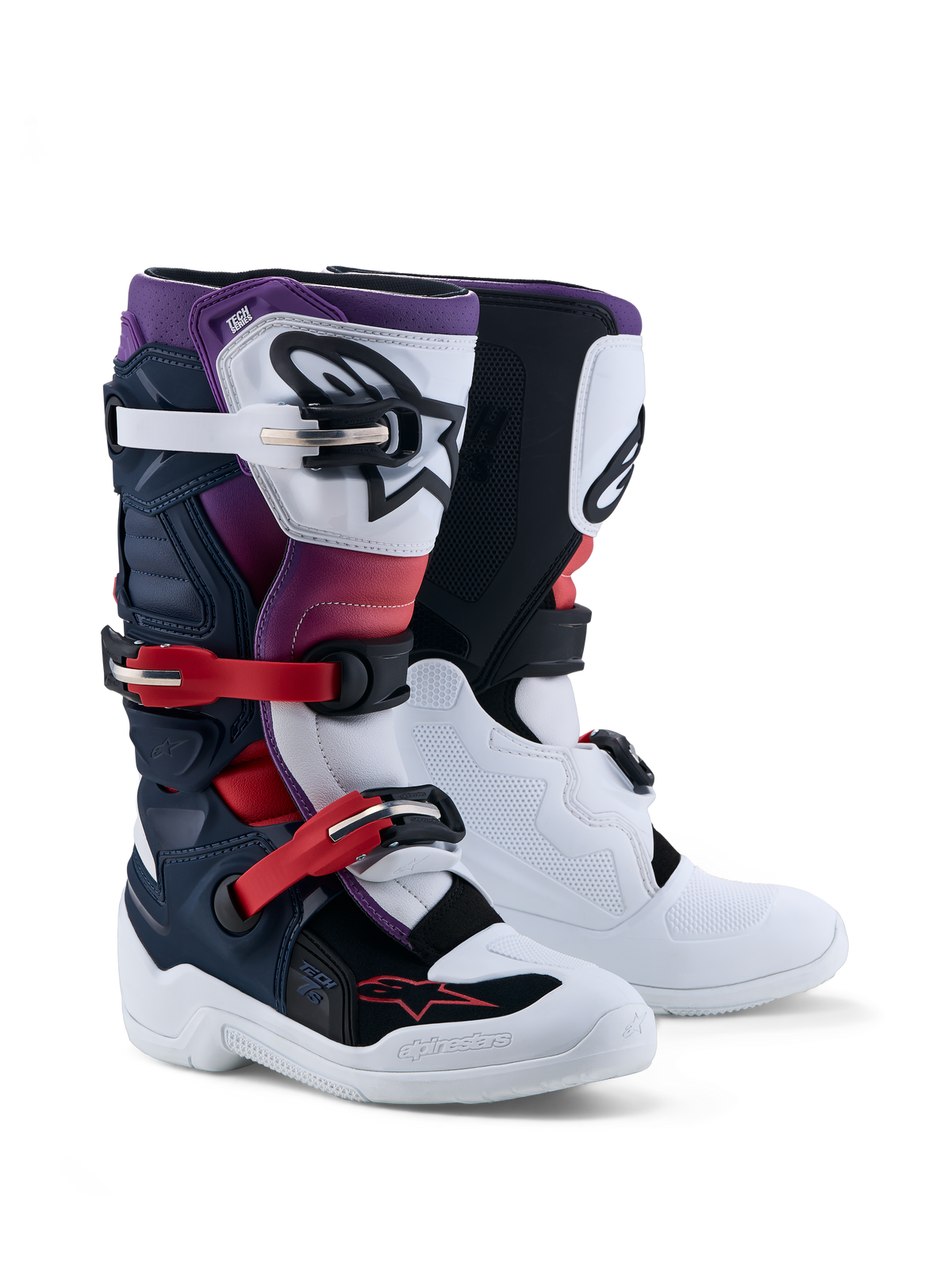 Alpinestars Tech 7S Støvler Ungdom, motocrossstøvler i mørkeblå, hvid og sort, med CE-certificeret TPU-beskyttelse til juniorer.
