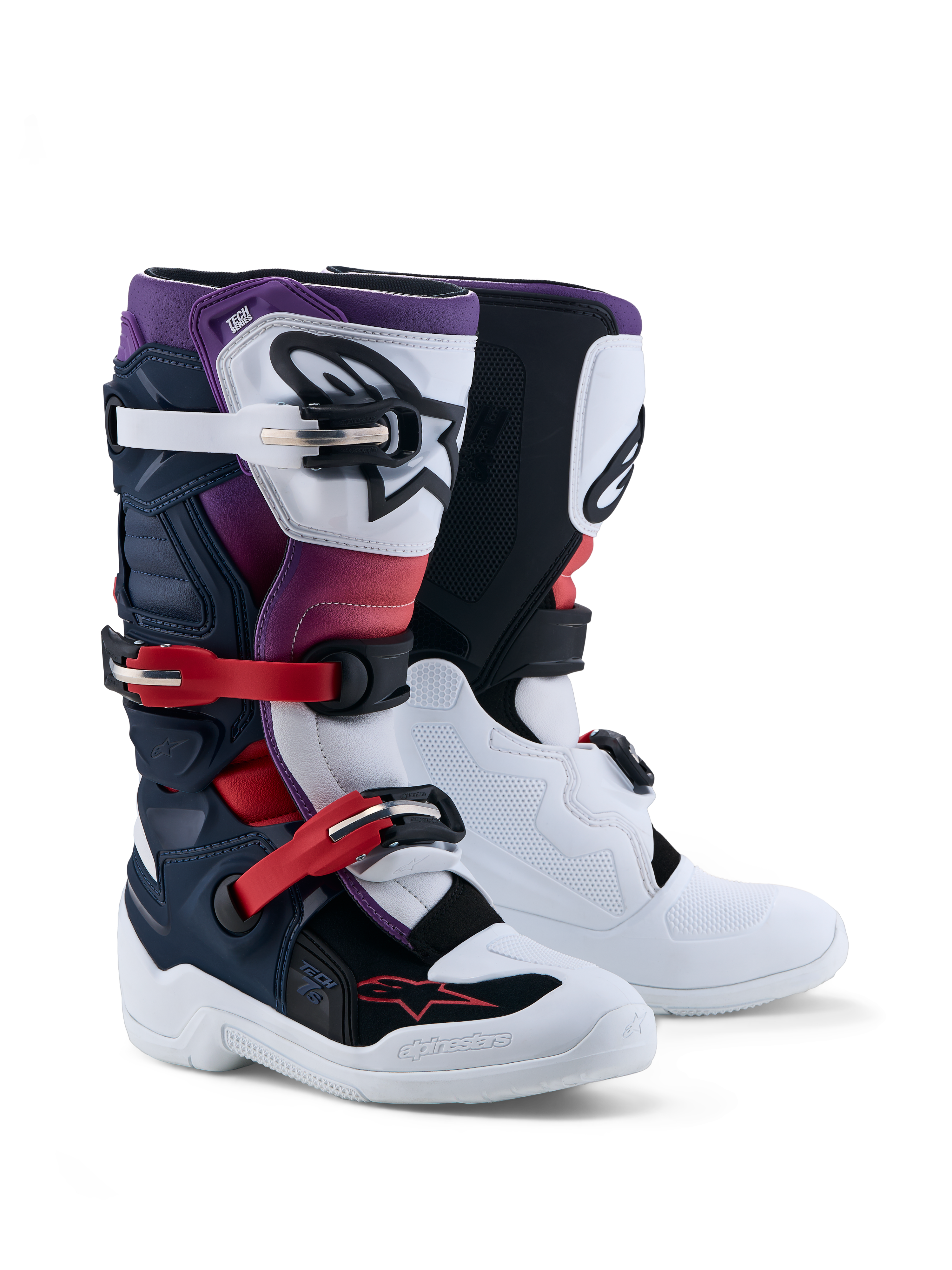 Alpinestars Tech 7S Støvler Ungdom, motocrossstøvler i mørkeblå, hvid og sort, med CE-certificeret TPU-beskyttelse til juniorer.