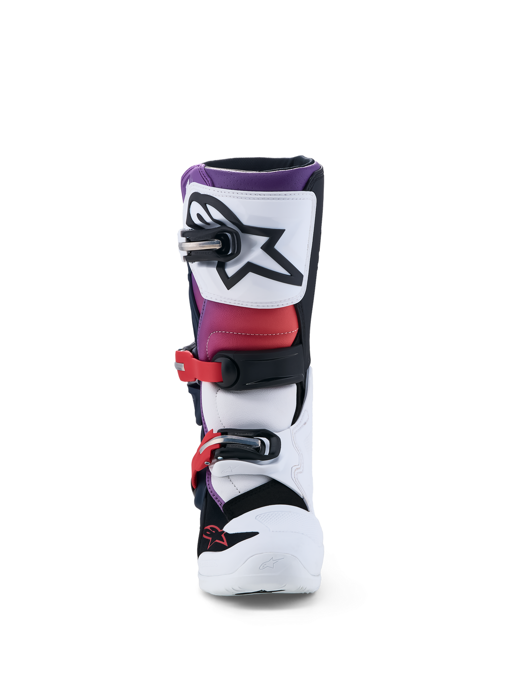 Alpinestars Tech 7S støvler til ungdom, hvid og lilla motocrossstøvle med TPU-beskyttelse og sikkert spændesystem.