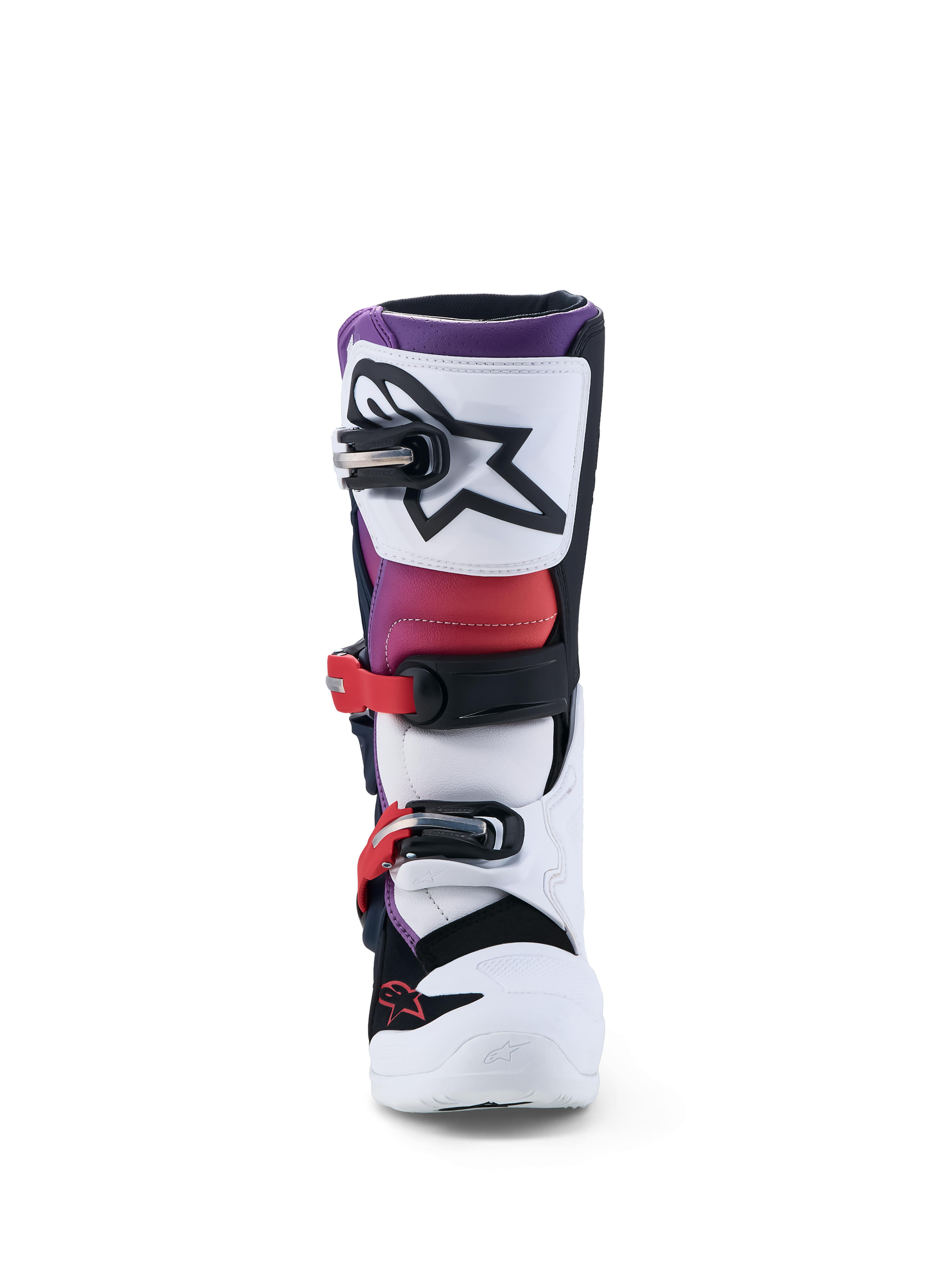 Alpinestars Tech 7S støvler til ungdom, hvid og lilla motocrossstøvle med TPU-beskyttelse og sikkert spændesystem.
