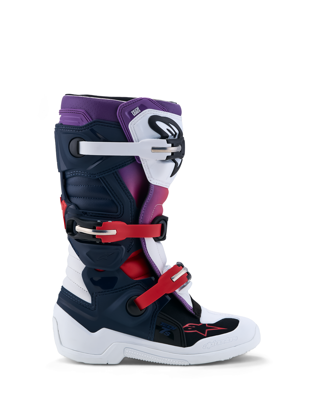 Alpinestars Youth Tech 7S Motocross Boots, junior off-road footwear in dark blue, white, and red with TPU protection.