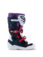 Alpinestars Tech 7S motocrossstøvler til unge, off-road fodtøj i mørkeblå, hvid og rød med TPU-beskyttelse.