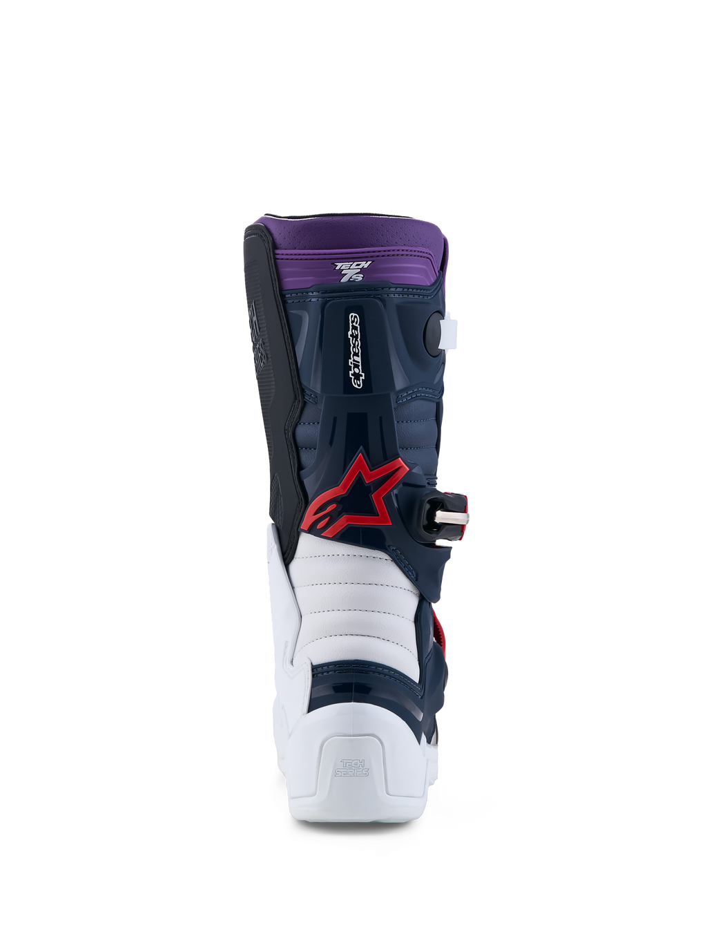 Alpinestars Tech 7S støvler til unge, motocrossstøvler set bagfra, mørkeblå og hvid med røde detaljer, CE-certificeret, teknisk udstyr til juniorryttere