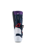 Alpinestars Tech 7S støvler til unge, motocrossstøvler set bagfra, mørkeblå og hvid med røde detaljer, CE-certificeret, teknisk udstyr til juniorryttere