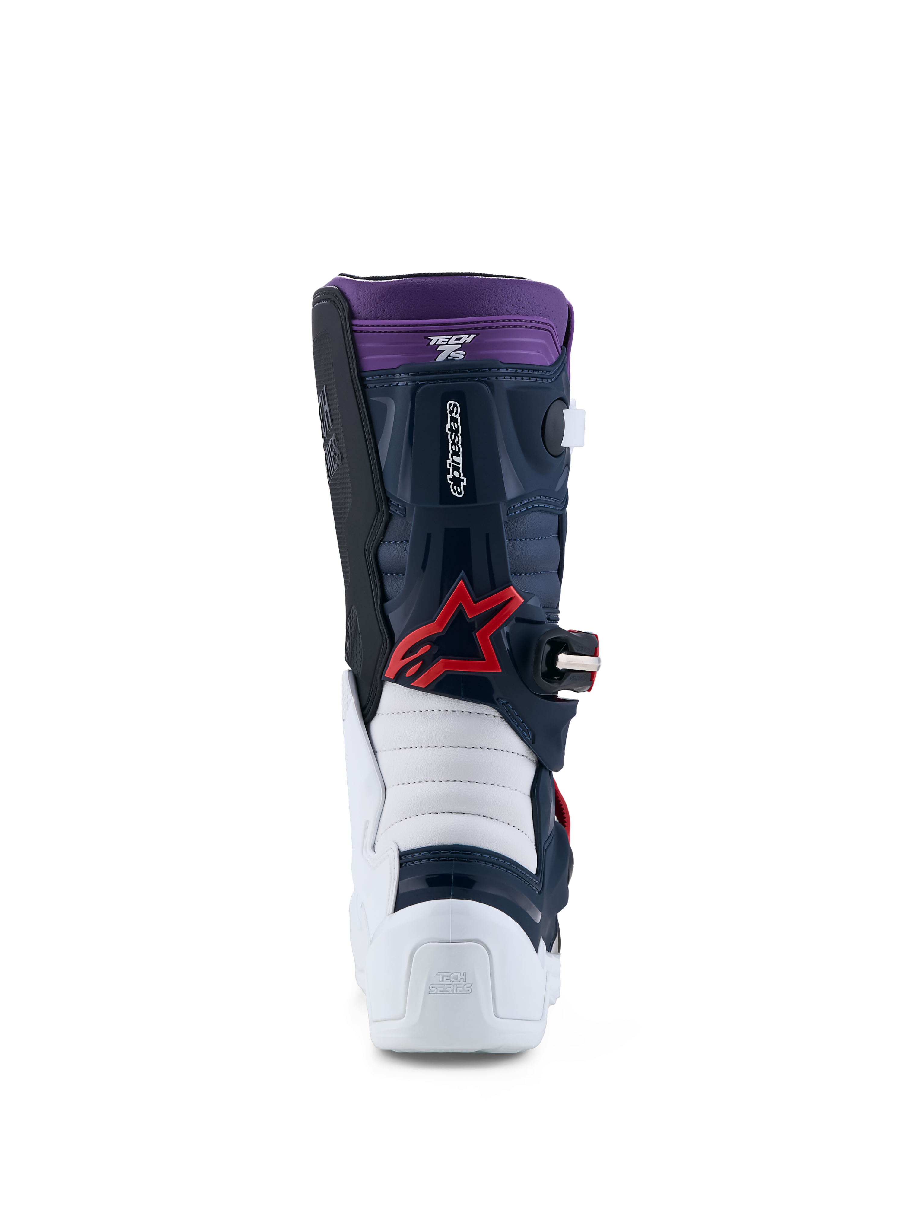 Alpinestars Tech 7S støvler til unge, motocrossstøvler set bagfra, mørkeblå og hvid med røde detaljer, CE-certificeret, teknisk udstyr til juniorryttere
